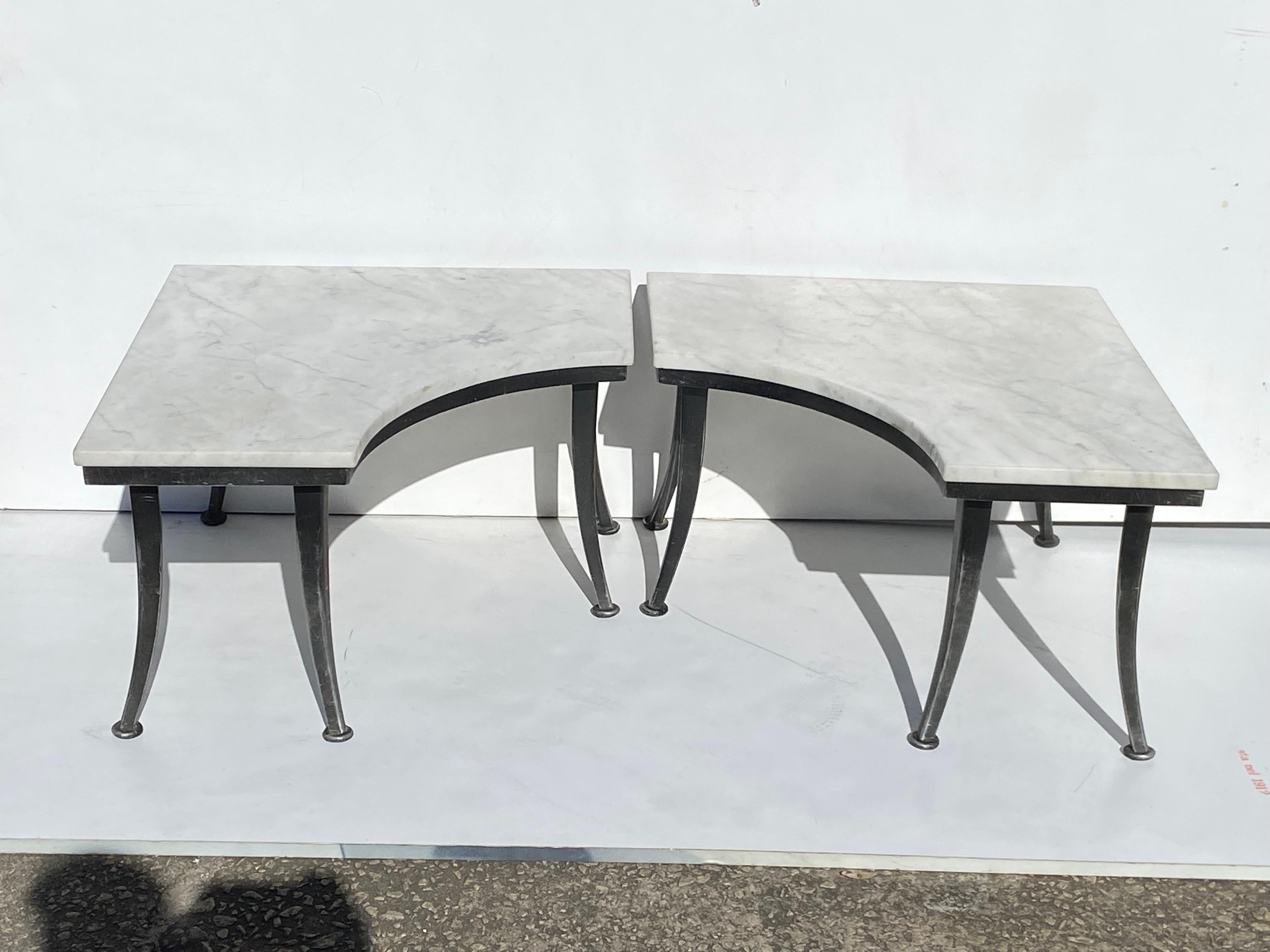 Greek Revival Vintage Klismos Style Cut Out Marble and Aluminum End Tables, a Pair For Sale