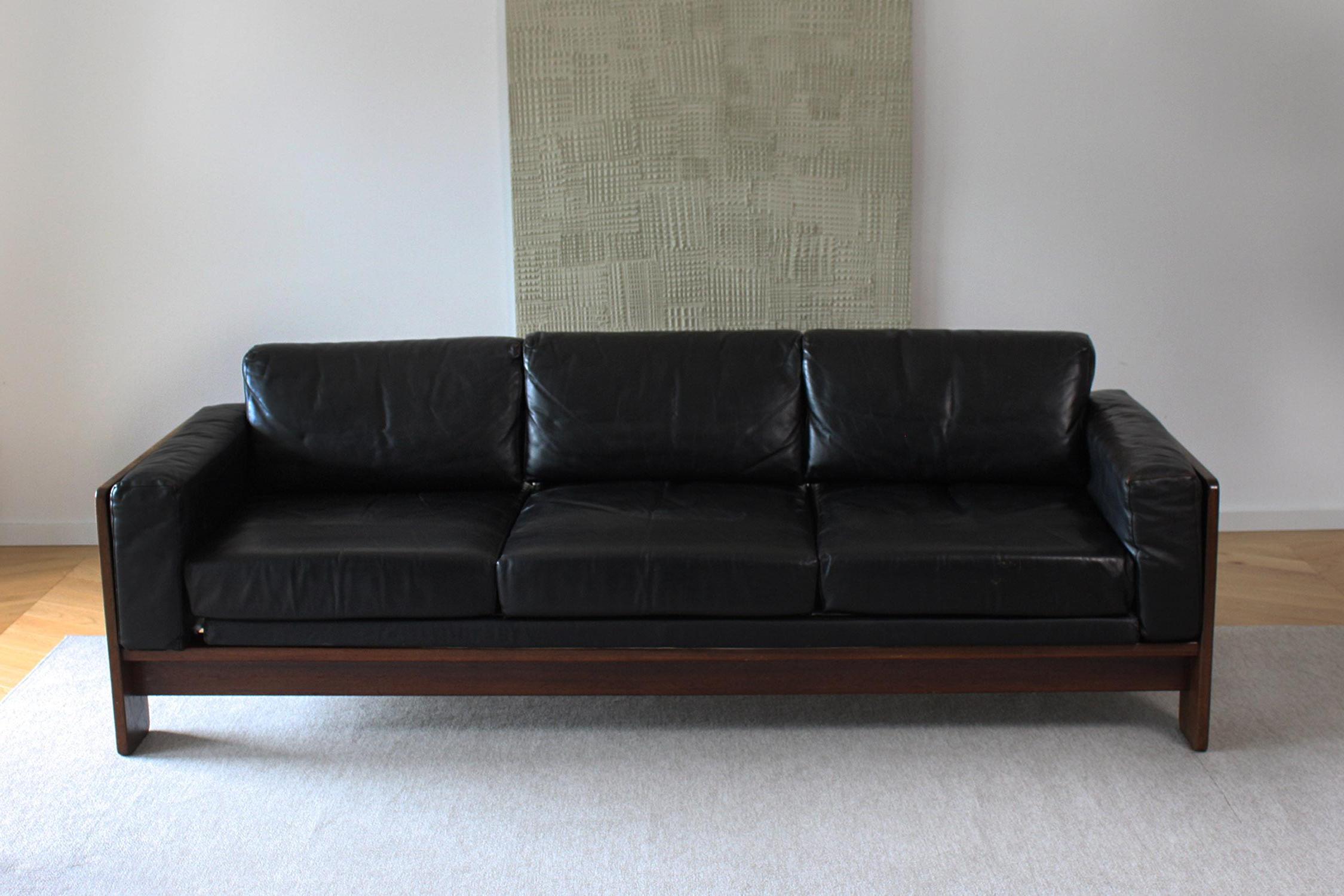 Divano vintage Knoll /Gavina Bastiano di Afra & Tobia Scarpa in pelle nera Nutwood In condizioni discrete a Rümmingen, BW