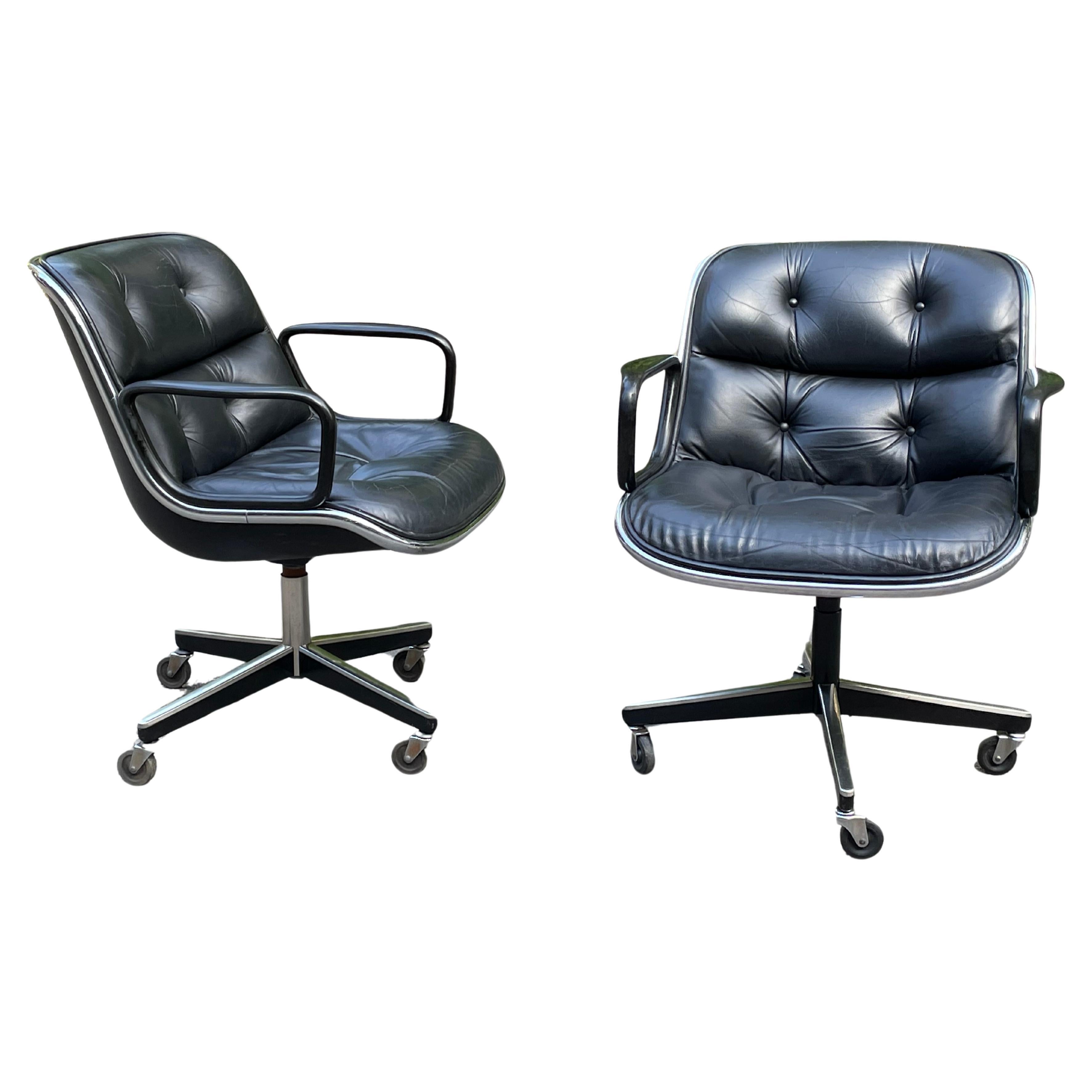 Mid-Century Modern Vintage Knoll Pollock Chairs in Black Leather - Pair