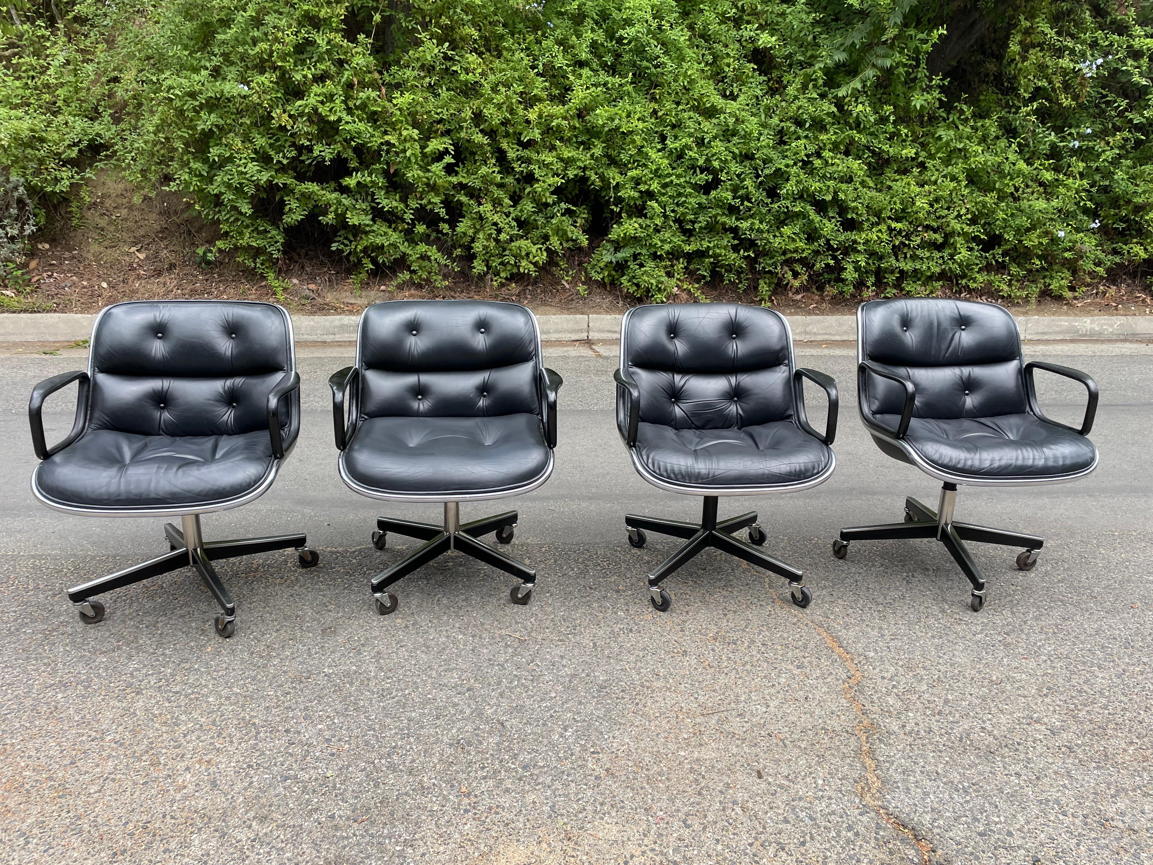 Chrome Vintage Knoll Pollock Chairs in Black Leather - Pair