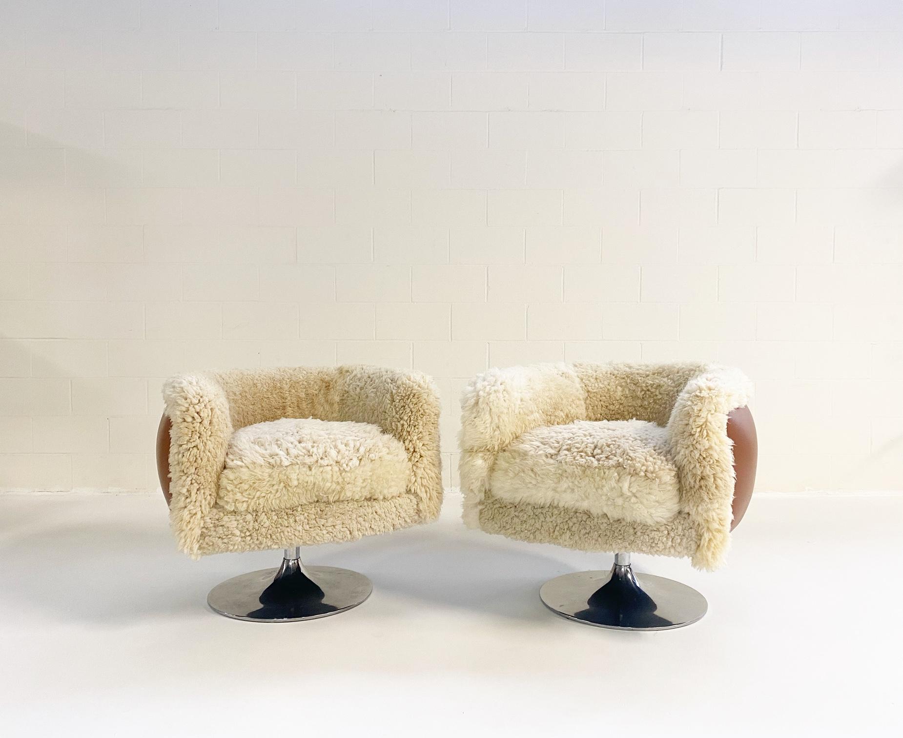 Vintage Knoll Swivel Chairs in California Sheepskin and Loro Piana Leather 4