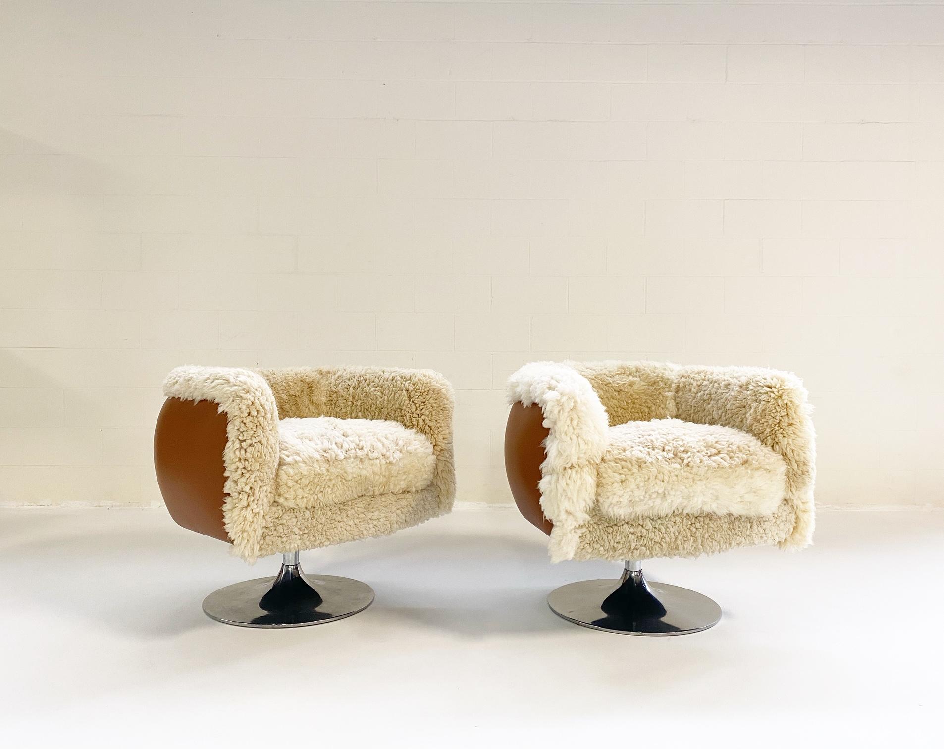 20th Century Vintage Knoll Swivel Chairs in California Sheepskin and Loro Piana Leather