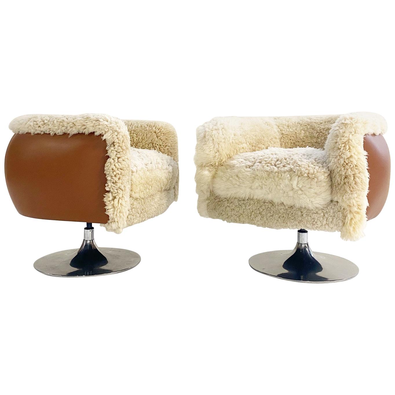 Vintage Knoll Swivel Chairs in California Sheepskin and Loro Piana Leather