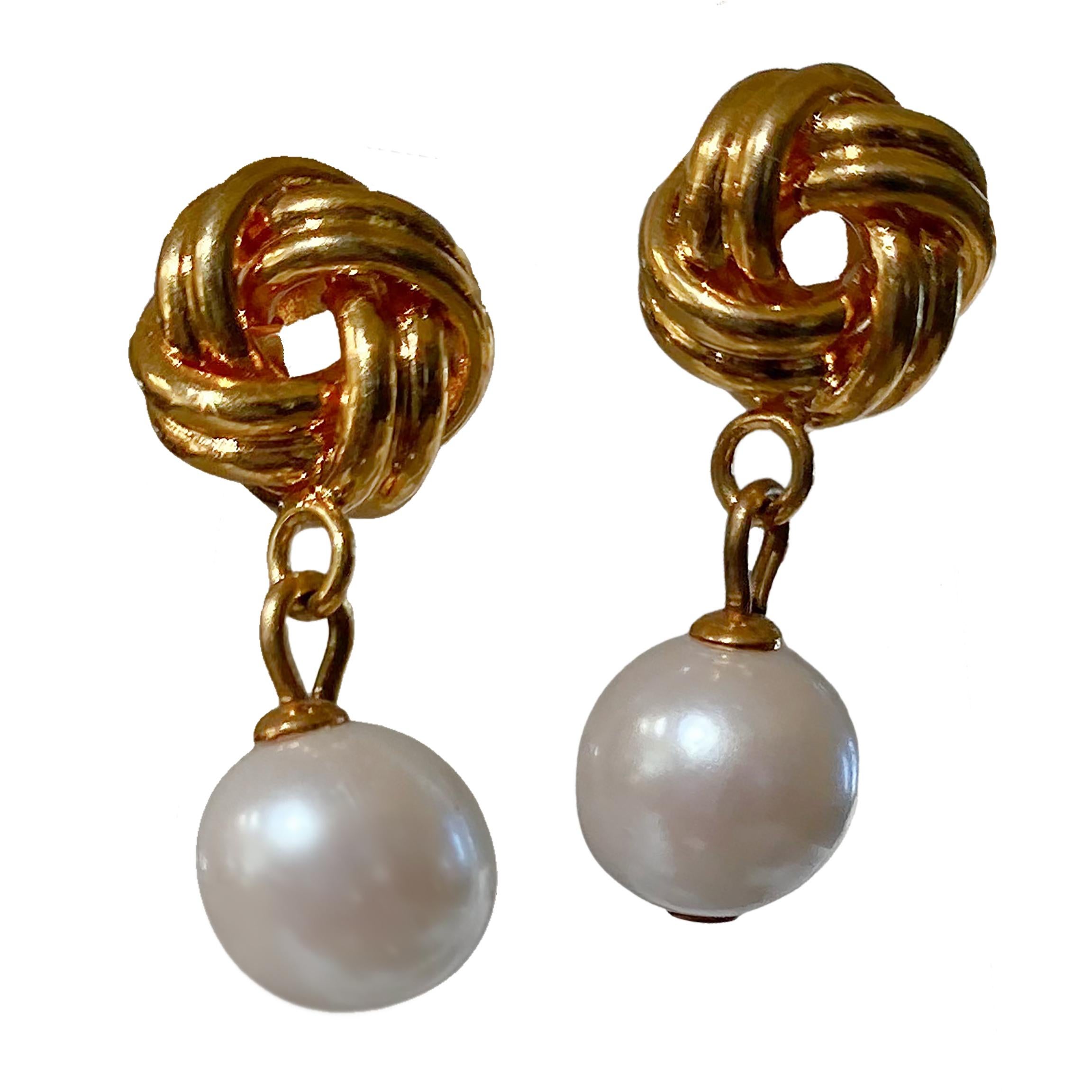 Pear Cut Vintage Knotted Gold Dangling Pearl Earrings 