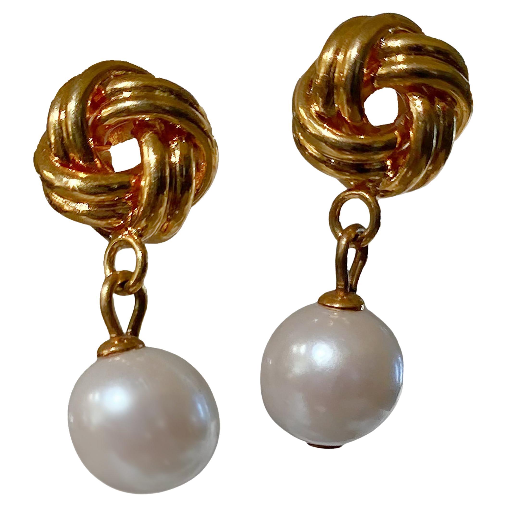 Vintage Knotted Gold Dangling Pearl Earrings 