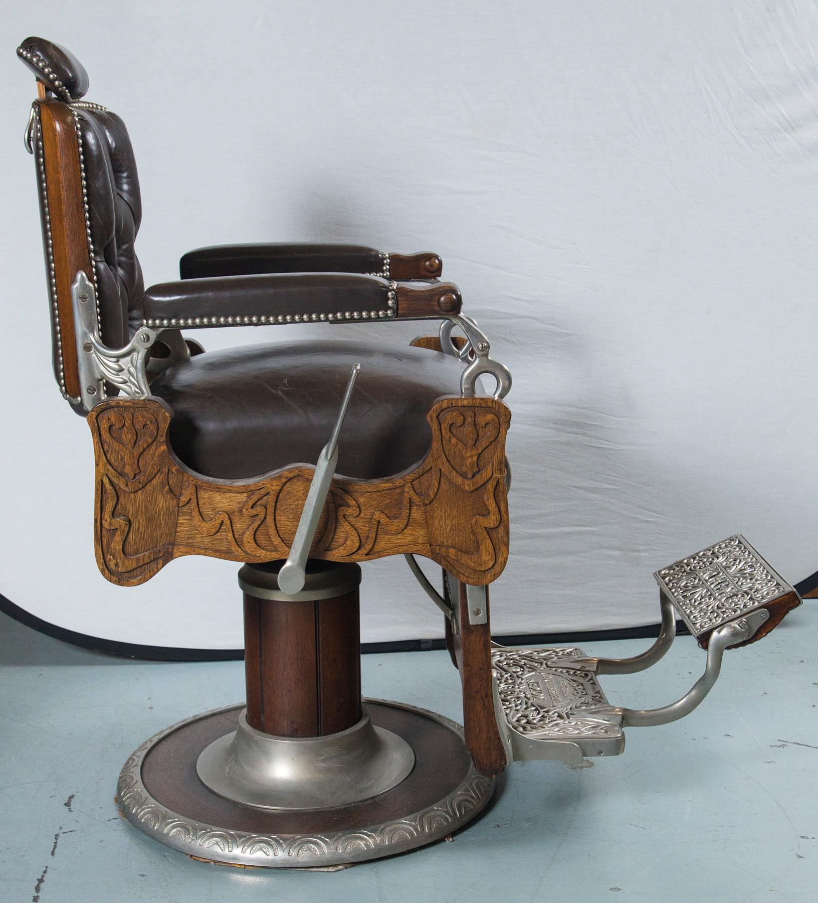 Leather Vintage Koken Barber's Chair 1890 ca signed Koken Barbers' Supply St. Louis, Mo