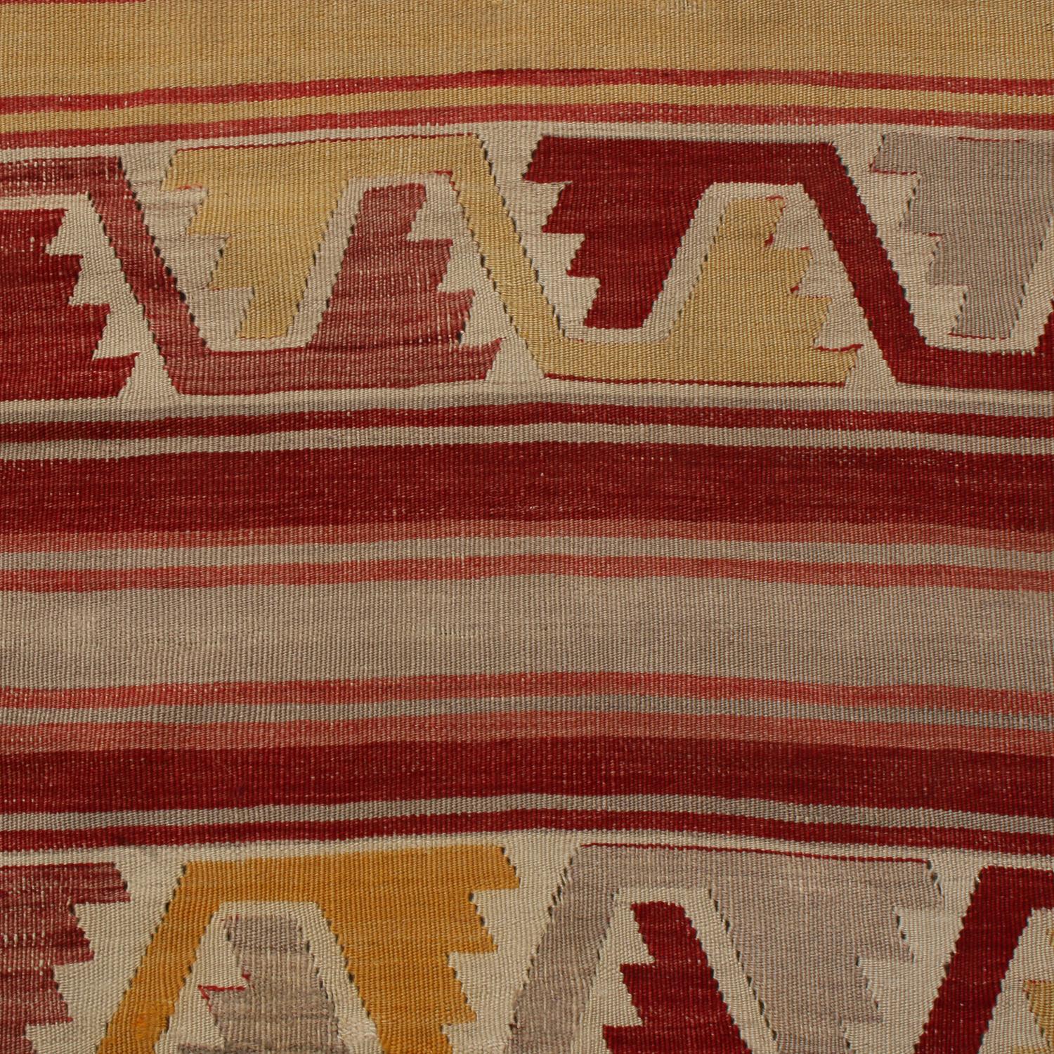 Hand-Woven Vintage Konya Geometric Yellow and Red Wool Kilim Rug with Multi-Color Accents