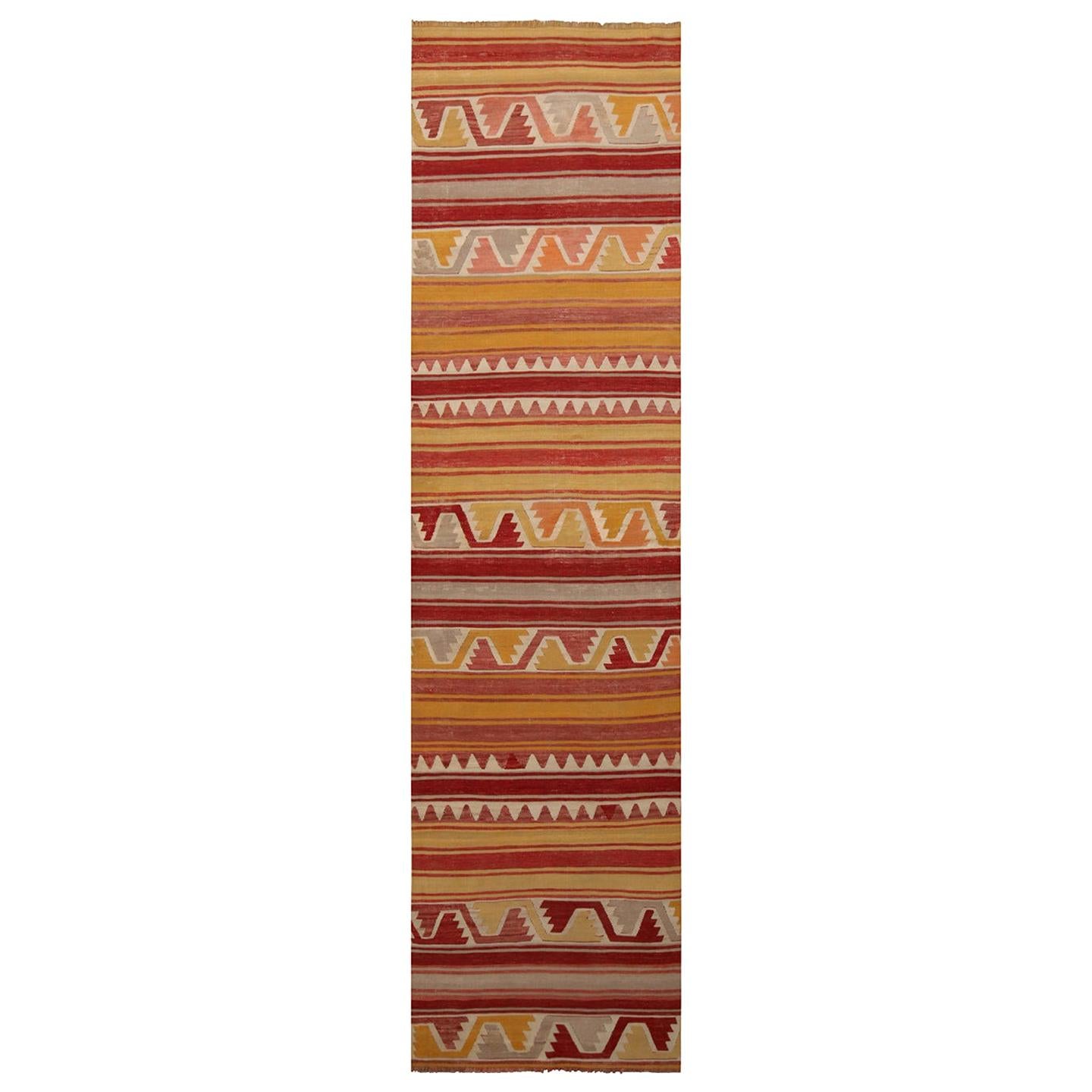 Vintage Konya Geometric Yellow and Red Wool Kilim Rug with Multi-Color Accents