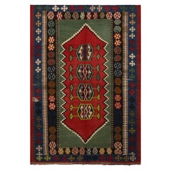 Vintage Konya Green and Navy Blue Wool Rug with Burgundy Field