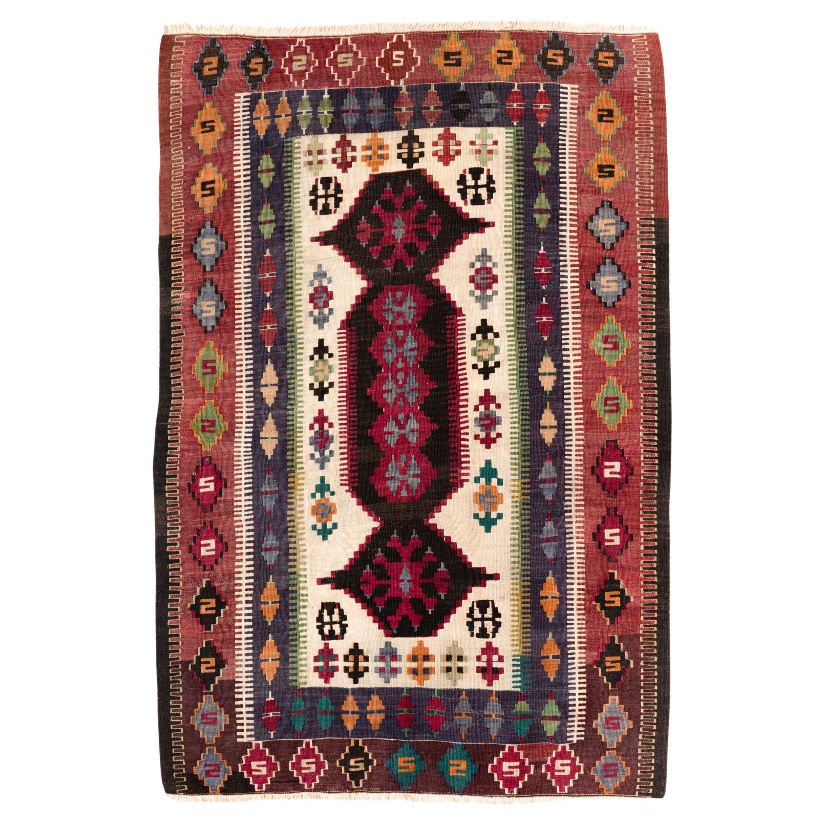 Vintage Konya Obruk Kilim Central Anatolian Rug Vintage Turkish Carpet For Sale