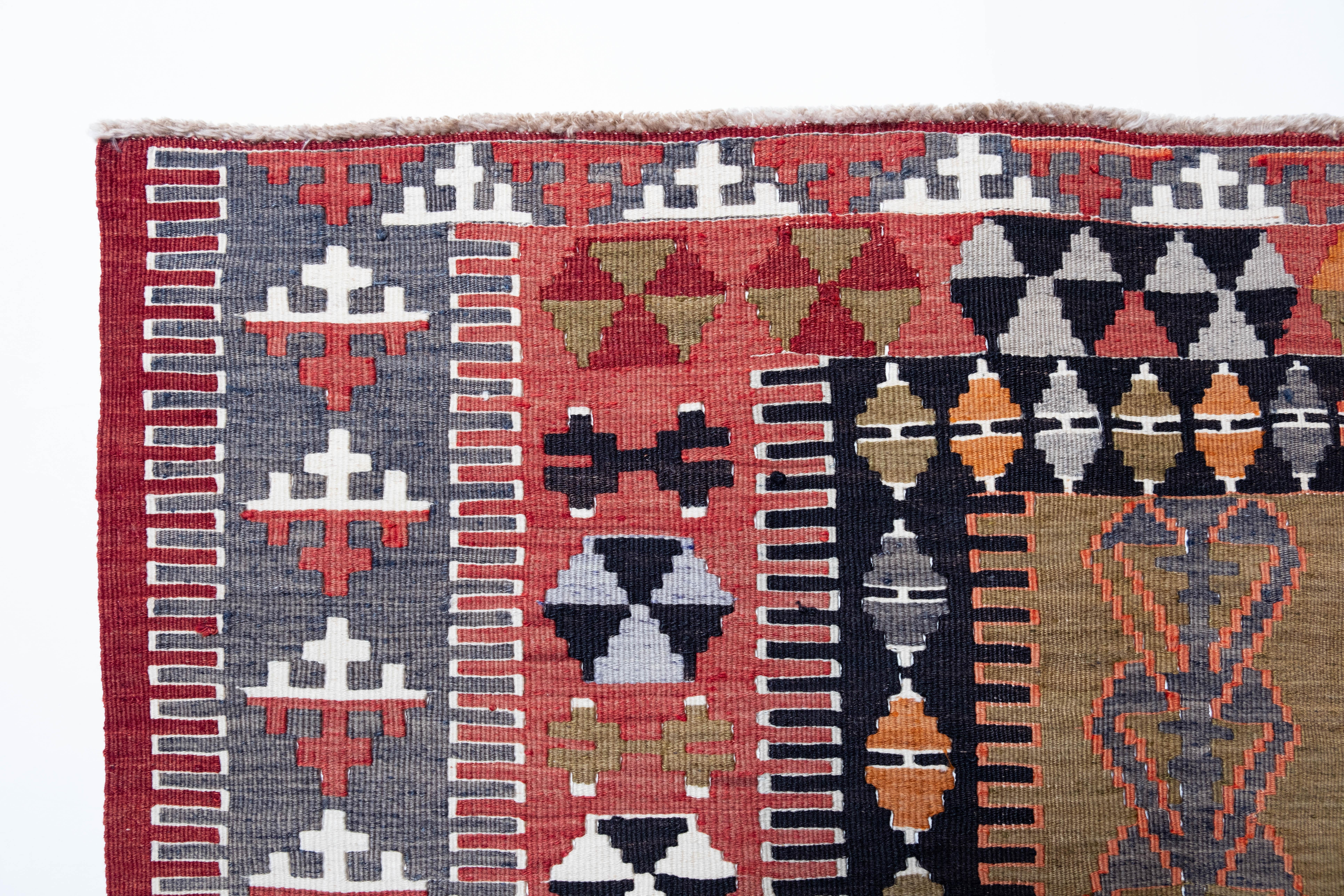 This is Central Anatolian Old Vintage Kilim from the Konya - Obruk region with a rare and beautiful color composition. 

Konya once flourished as a trade route between Europe and Asia. Obruk's traditional design kilims are known all over the world.