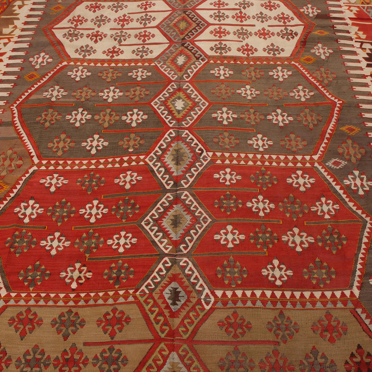 Vintage Konya Red and Green Wool Kilim Rug with Rich and Accents by Rug & Kilim In Excellent Condition For Sale In Long Island City, NY
