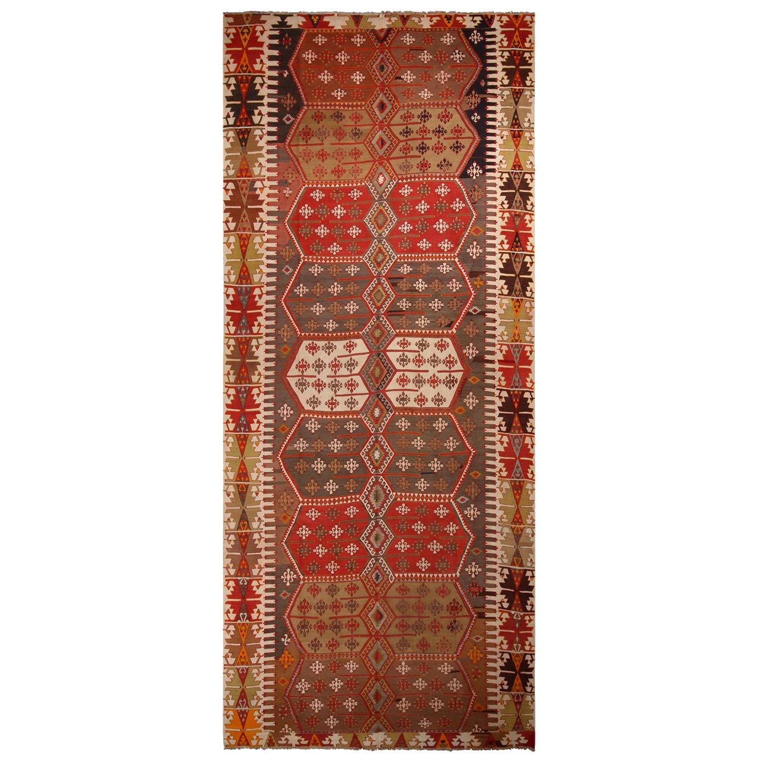 Vintage Konya Red and Green Wool Kilim Rug with Rich and Accents by Rug & Kilim For Sale