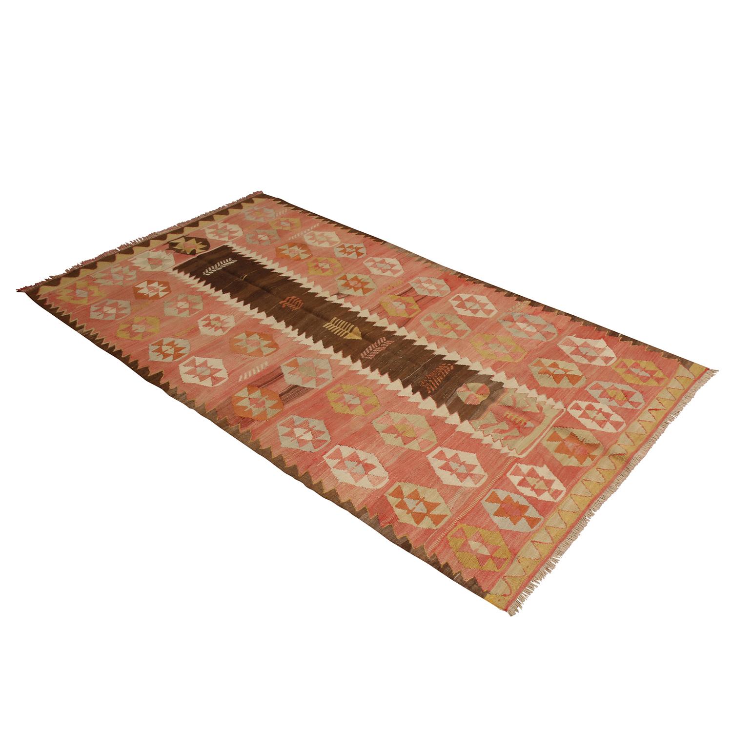 Hand-Woven Vintage Konya Salmon and Brown Wool Kilim Rug with Blue and Golden-Yellow Accent