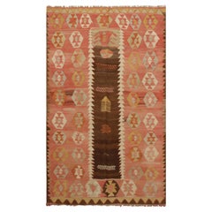 Vintage Konya Salmon and Brown Wool Kilim Rug with Blue and Golden-Yellow Accent