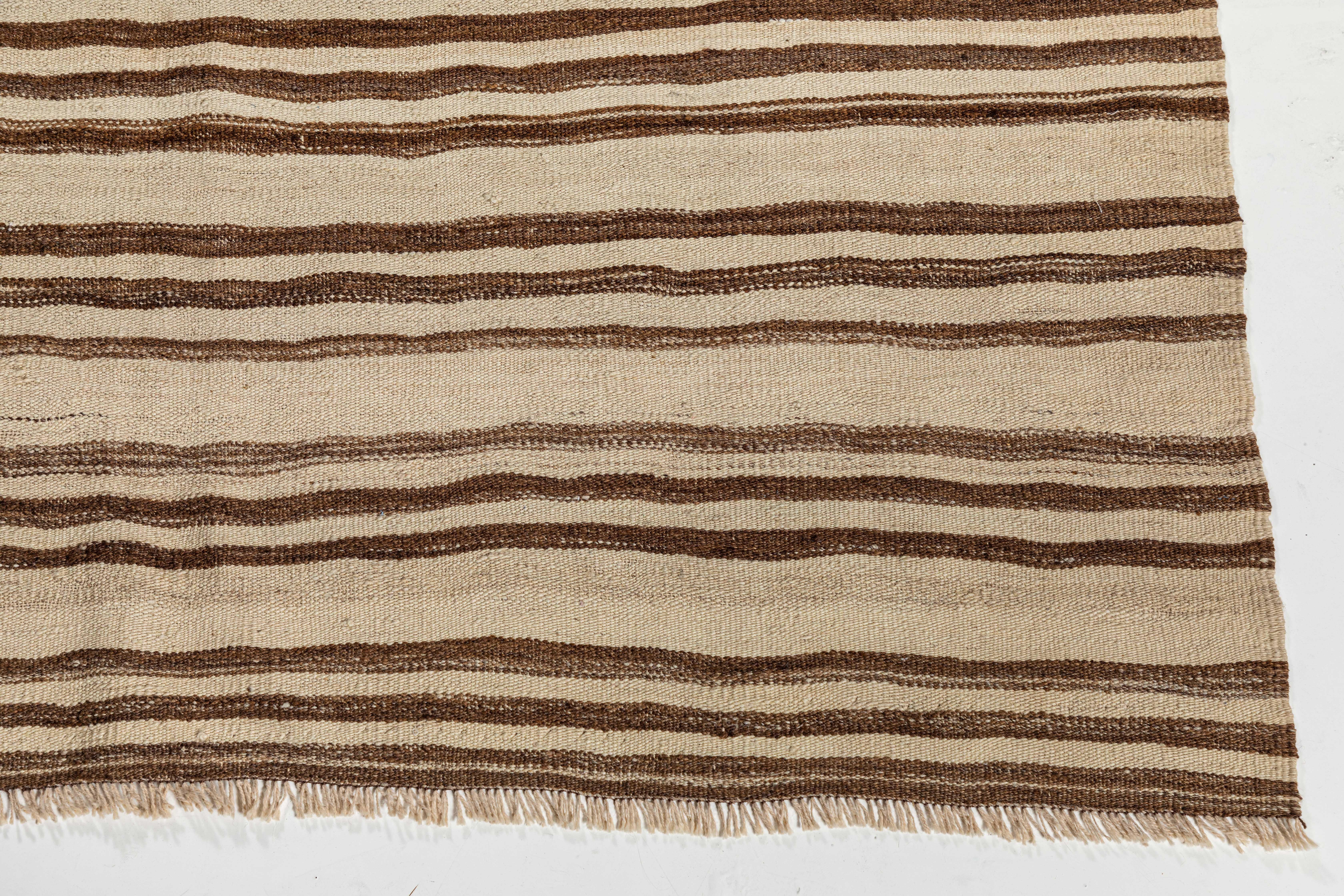 Turkish Vintage Konyan Flat Weave Rug with Brown and Natural Stripes