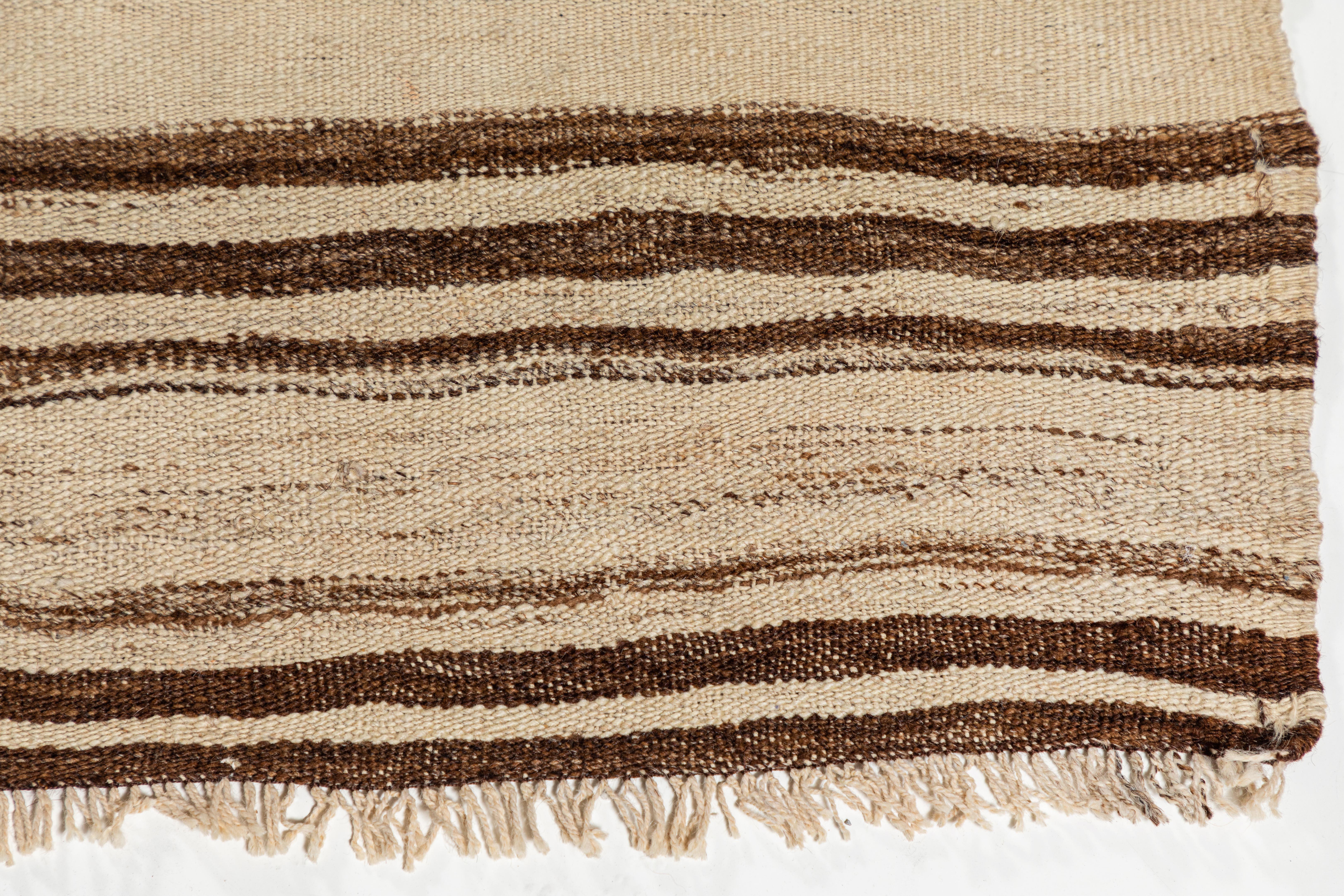 Wool Vintage Konyan Flat Weave Rug with Brown and Natural Stripes