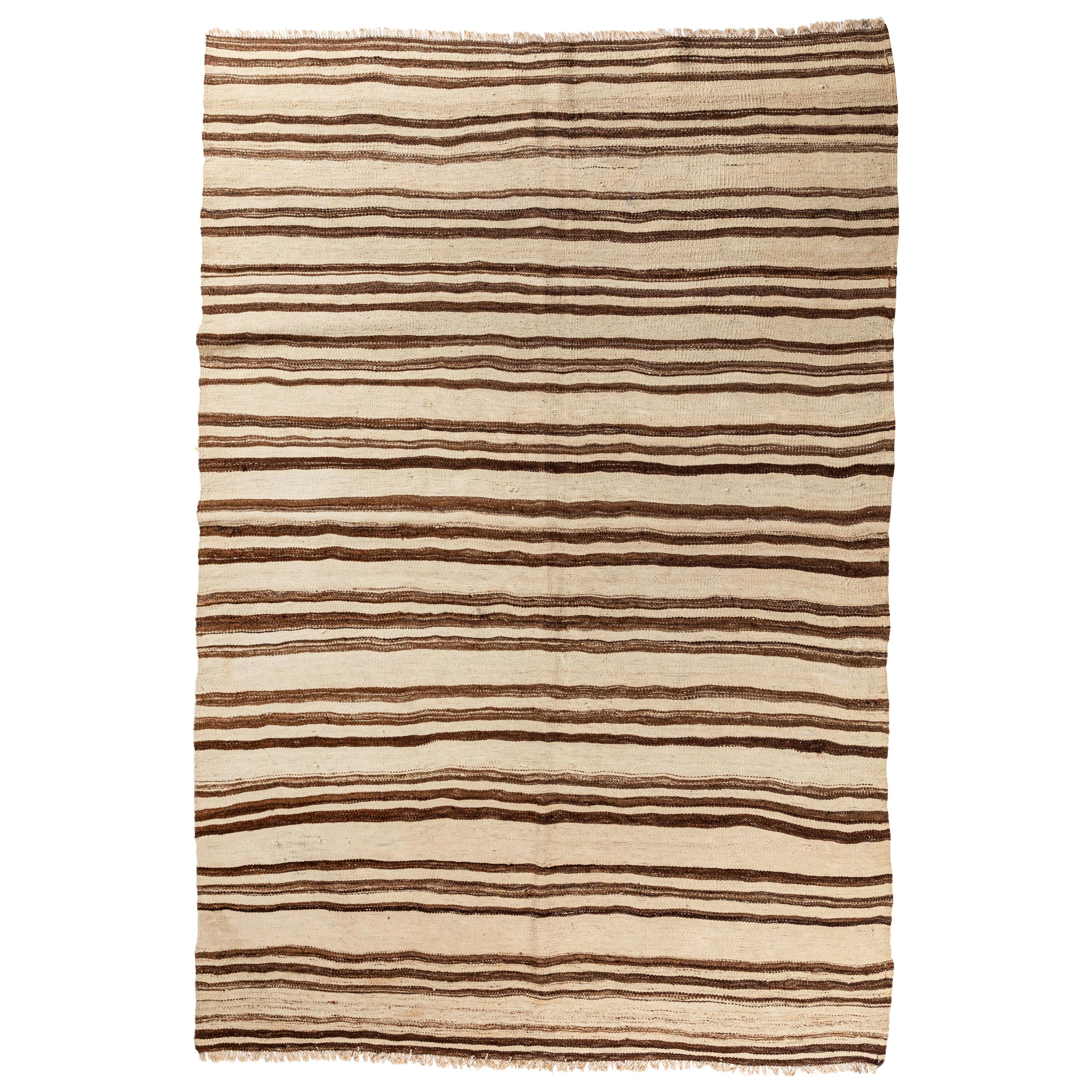 Vintage Konyan Flat Weave Rug with Brown and Natural Stripes