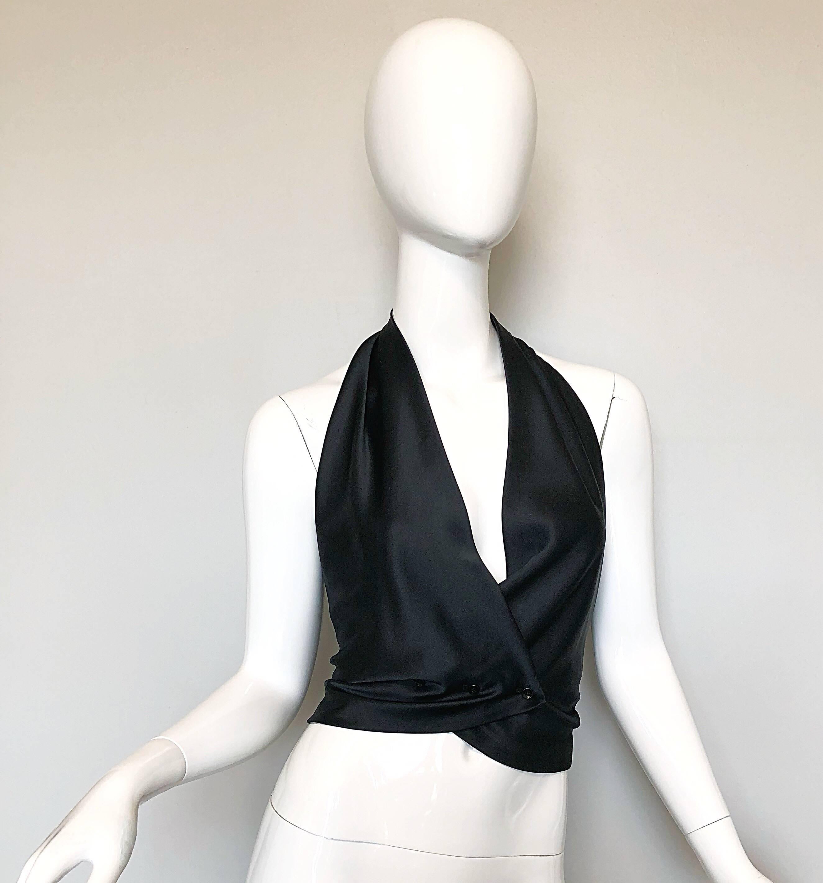 Sexy vintage KOOS VAN DEN AKKER black liquid silk double breasted cropped plunging halter top! Not just your basic crop top, this gem features so much detail. Double breasted style buttons at front center waist. Draped beautifully on the body, and