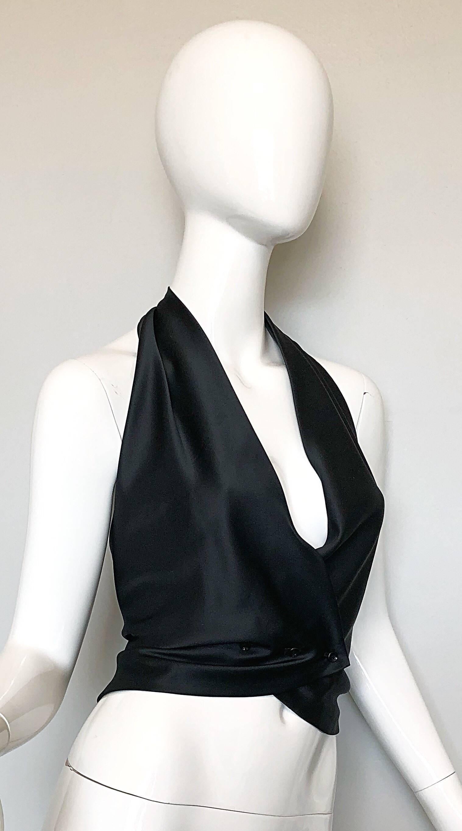 Women's 1970s Koos Van Den Akker Black Silk Double Breasted Vintage Halter Crop Top 