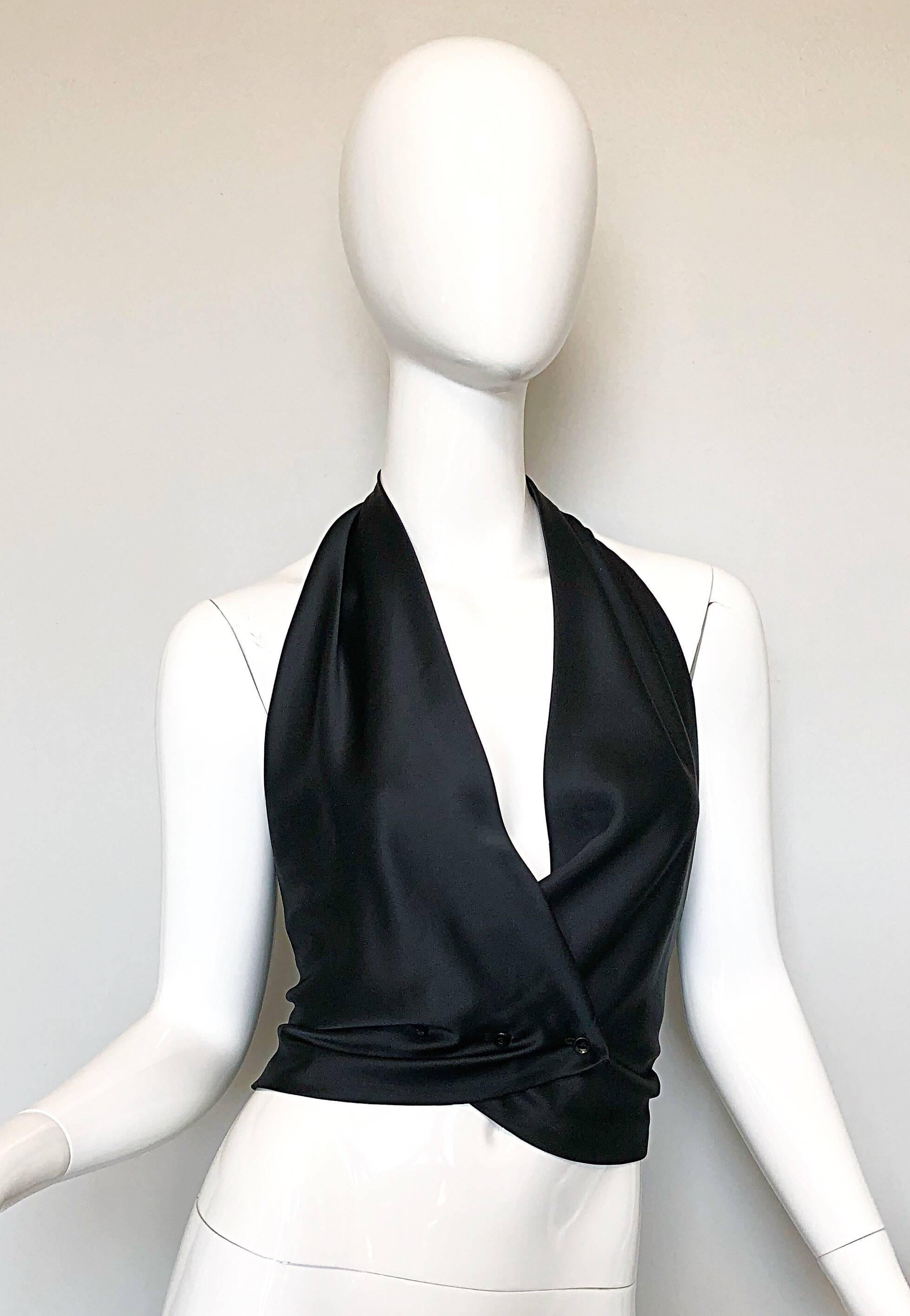 1970s Koos Van Den Akker Black Silk Double Breasted Vintage Halter Crop Top  4