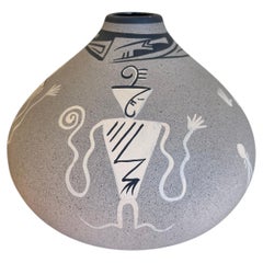 Jarrón vintage de cerámica estilo nativo americano Kopa, pintado a mano en blanco y negro