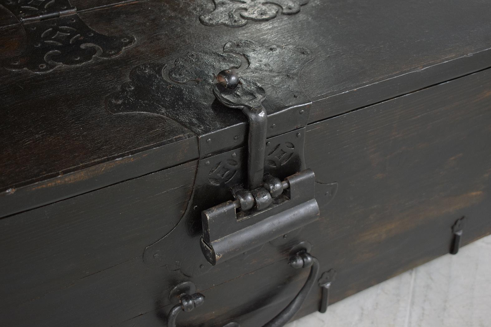 Restored 1950s Chinese Export Wood Trunk with Iron Accents - Vintage Charm For Sale 3