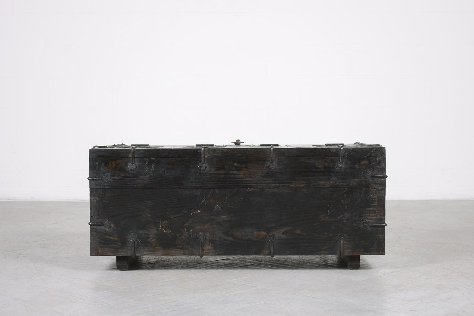 Restored 1950s Chinese Export Wood Trunk with Iron Accents - Vintage Charm For Sale 4