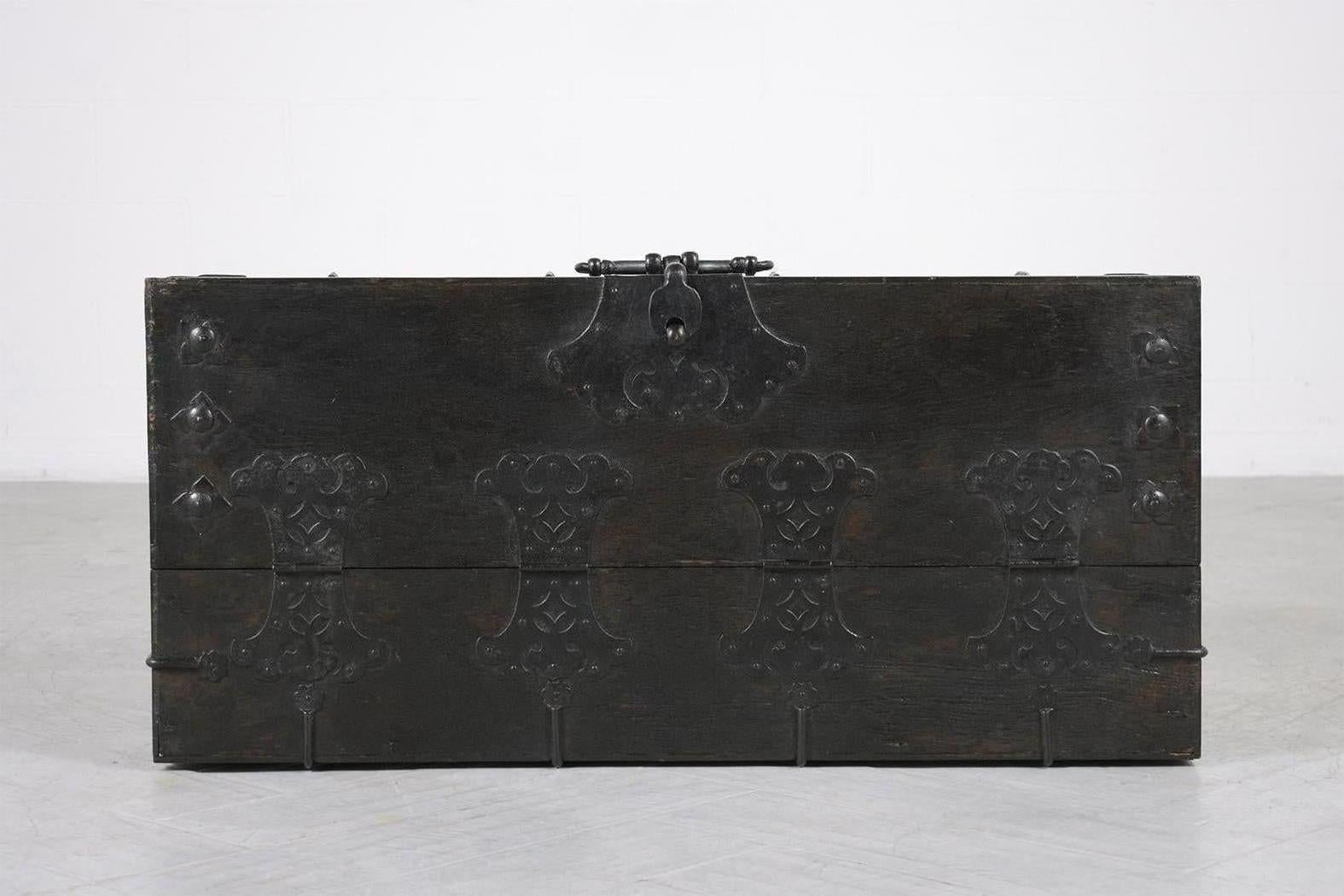 Restored 1950s Chinese Export Wood Trunk with Iron Accents - Vintage Charm For Sale 5