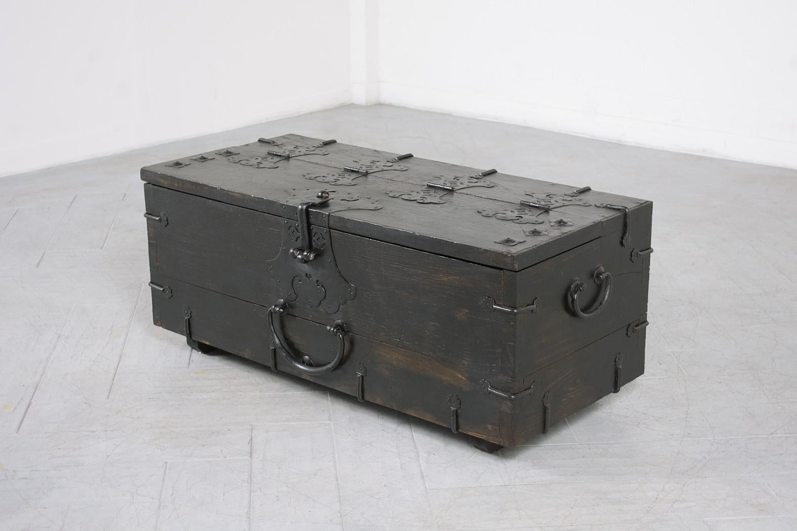 Patinated Restored 1950s Chinese Export Wood Trunk with Iron Accents - Vintage Charm For Sale