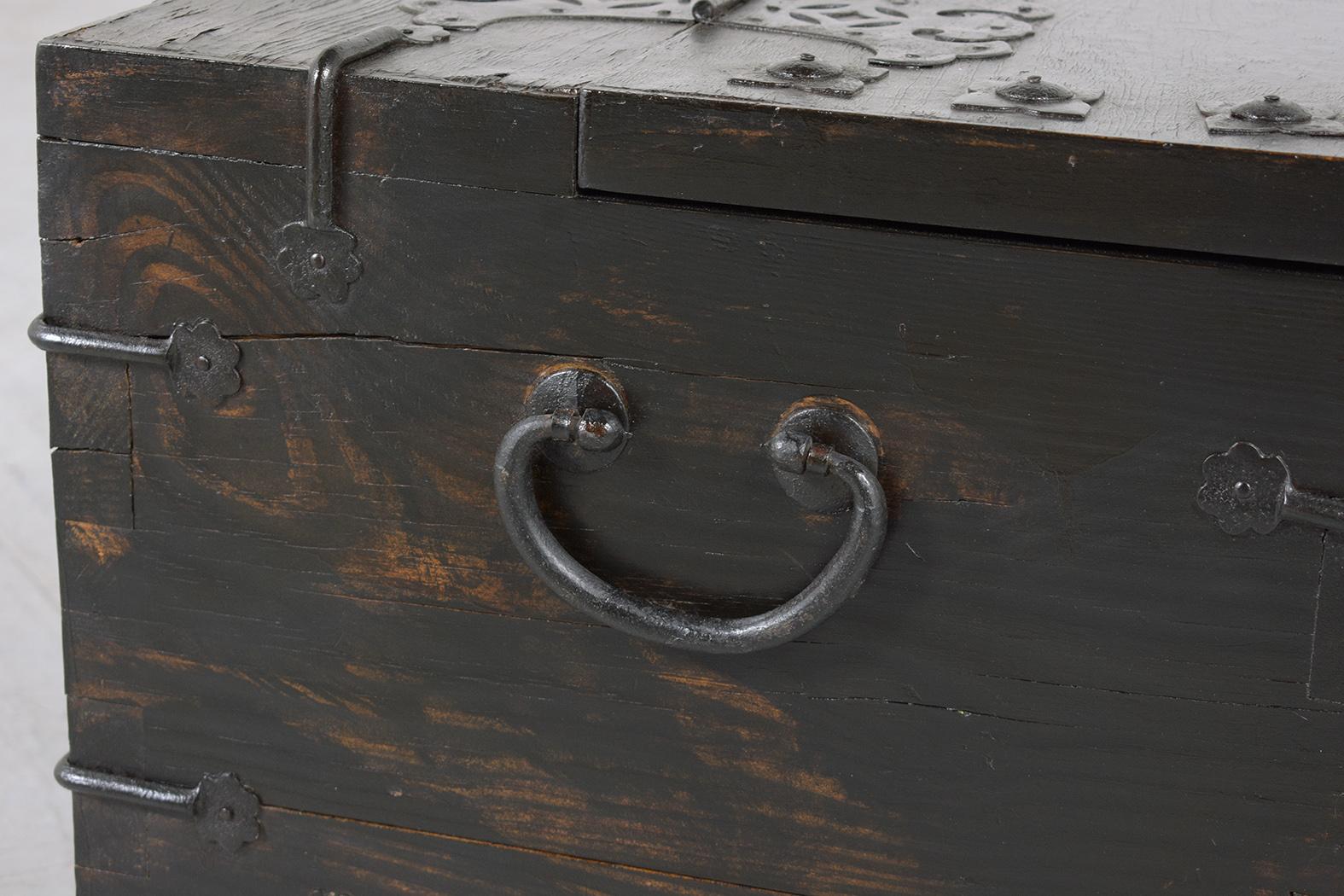 Mid-20th Century Restored 1950s Chinese Export Wood Trunk with Iron Accents - Vintage Charm For Sale