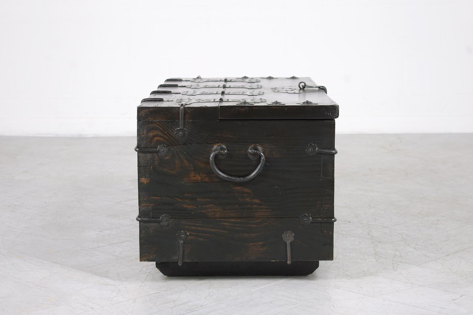 Paint Restored 1950s Chinese Export Wood Trunk with Iron Accents - Vintage Charm For Sale