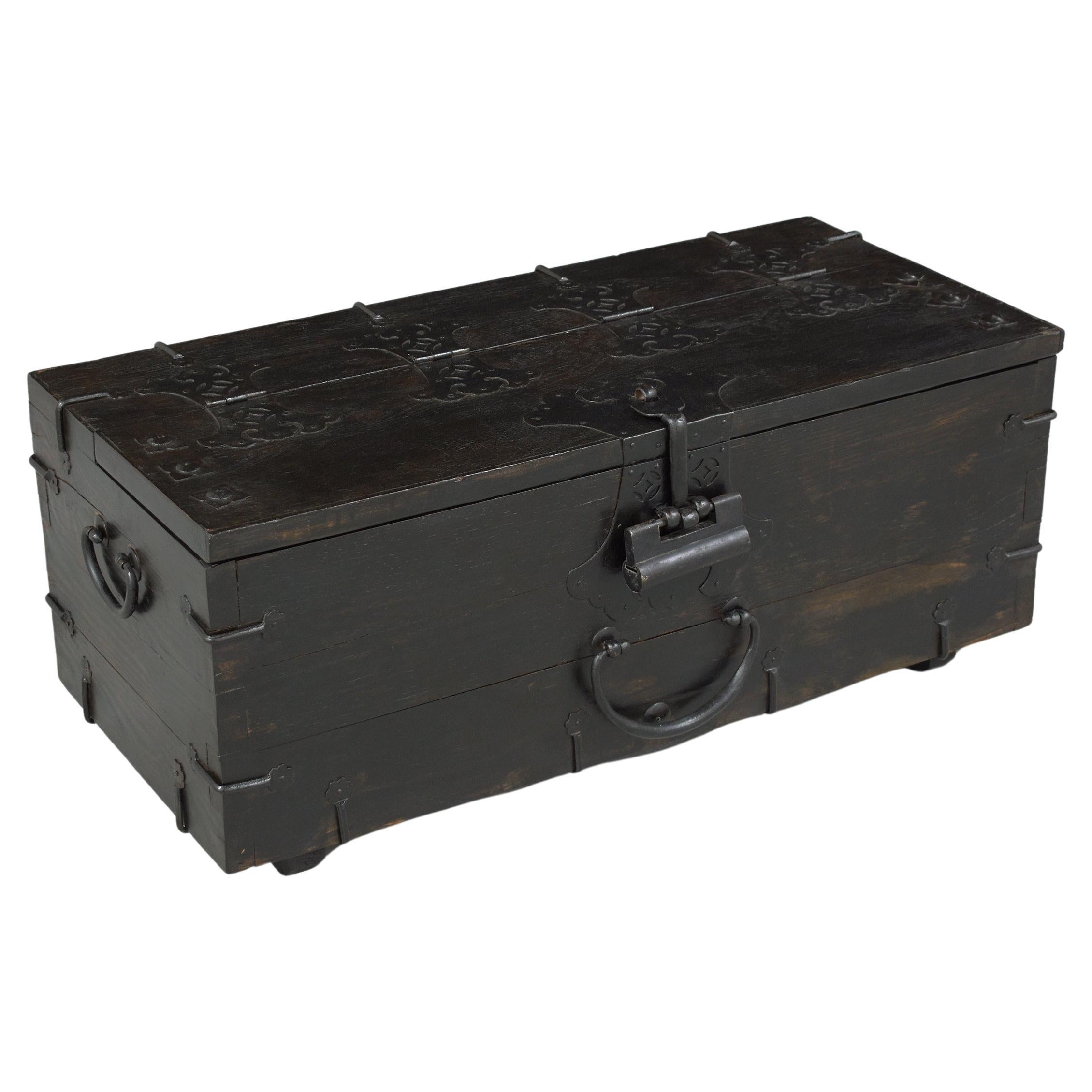 Restored 1950s Chinese Export Wood Trunk with Iron Accents - Vintage Charm For Sale