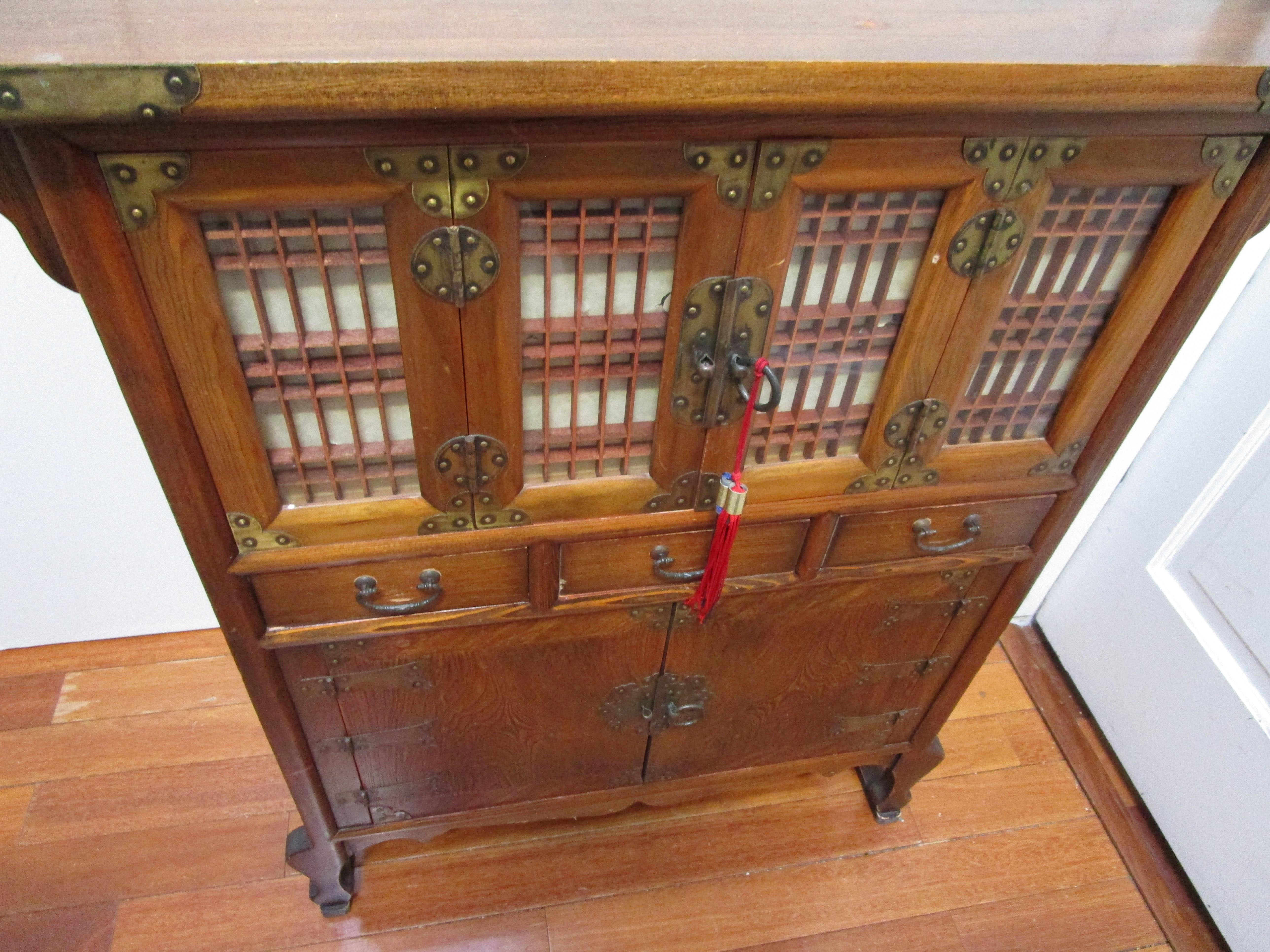 Hand-Crafted Vintage Korean Brass and Elm Storage Cabinet with Cabriole Legs For Sale