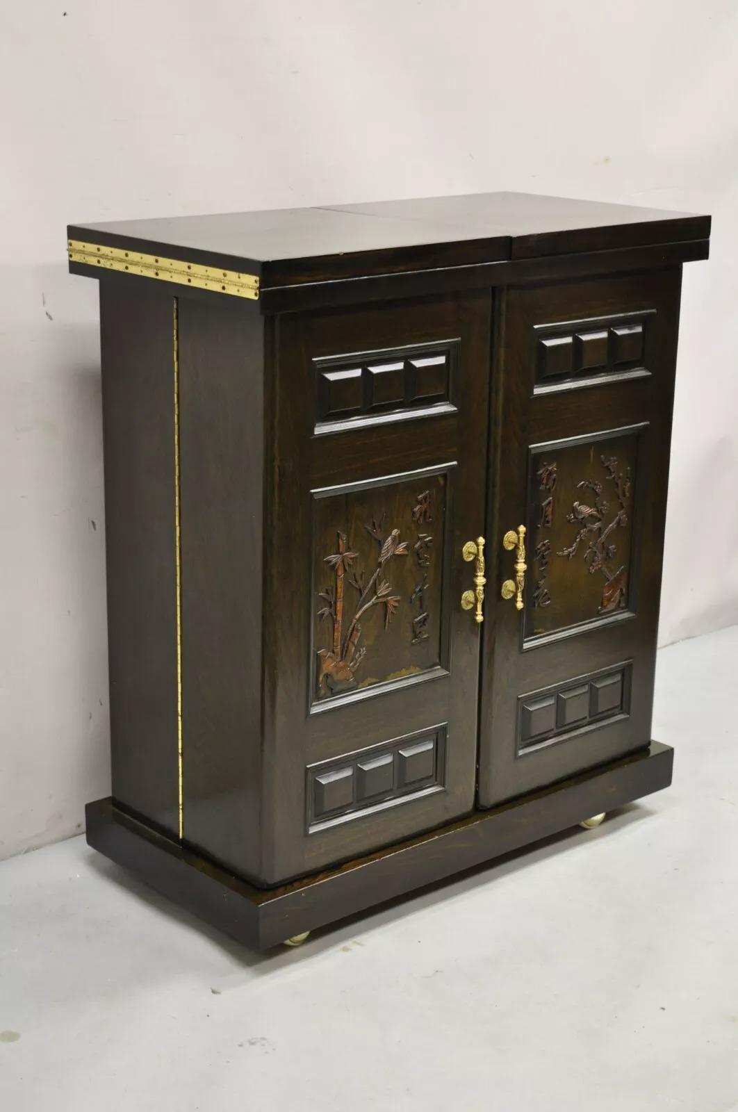 Vintage Korean Carved Wood Marble Top Expanding/Fold Away Asian Chinese Liquor Cabinet Dry Bar with Fitted Interior and Rolling Casters. Circa Late 20th Century. Dimensions : 41