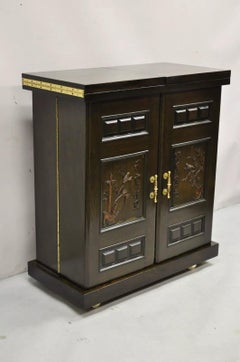 Vintage Korean Carved Wood Marble Top Asian Chinese Liquor Cabinet Dry Bar