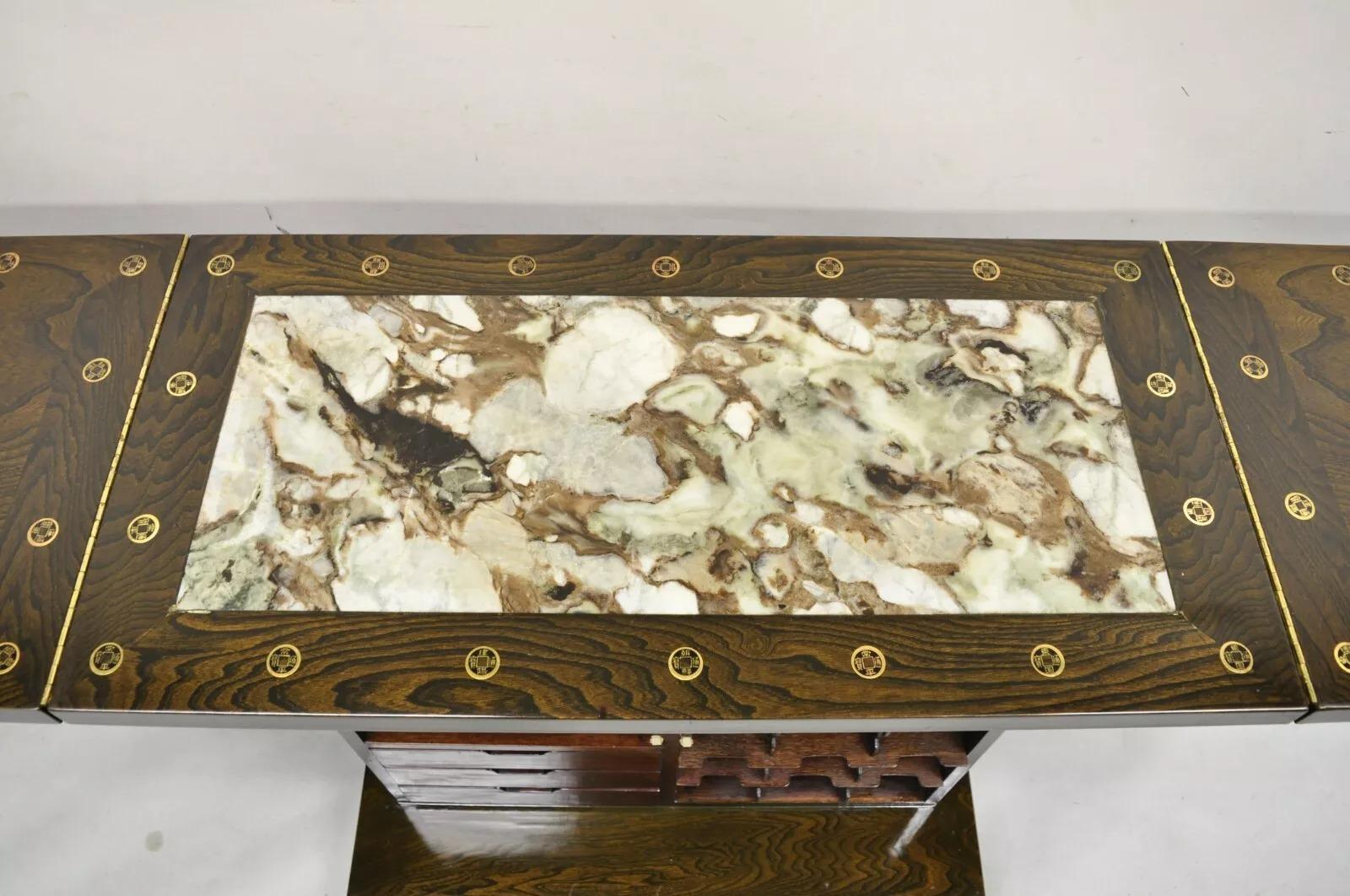 Inconnu Vintage Korean Carved Wood Marble Top Asian Chinese Liquor Cabinet Dry Bar en vente