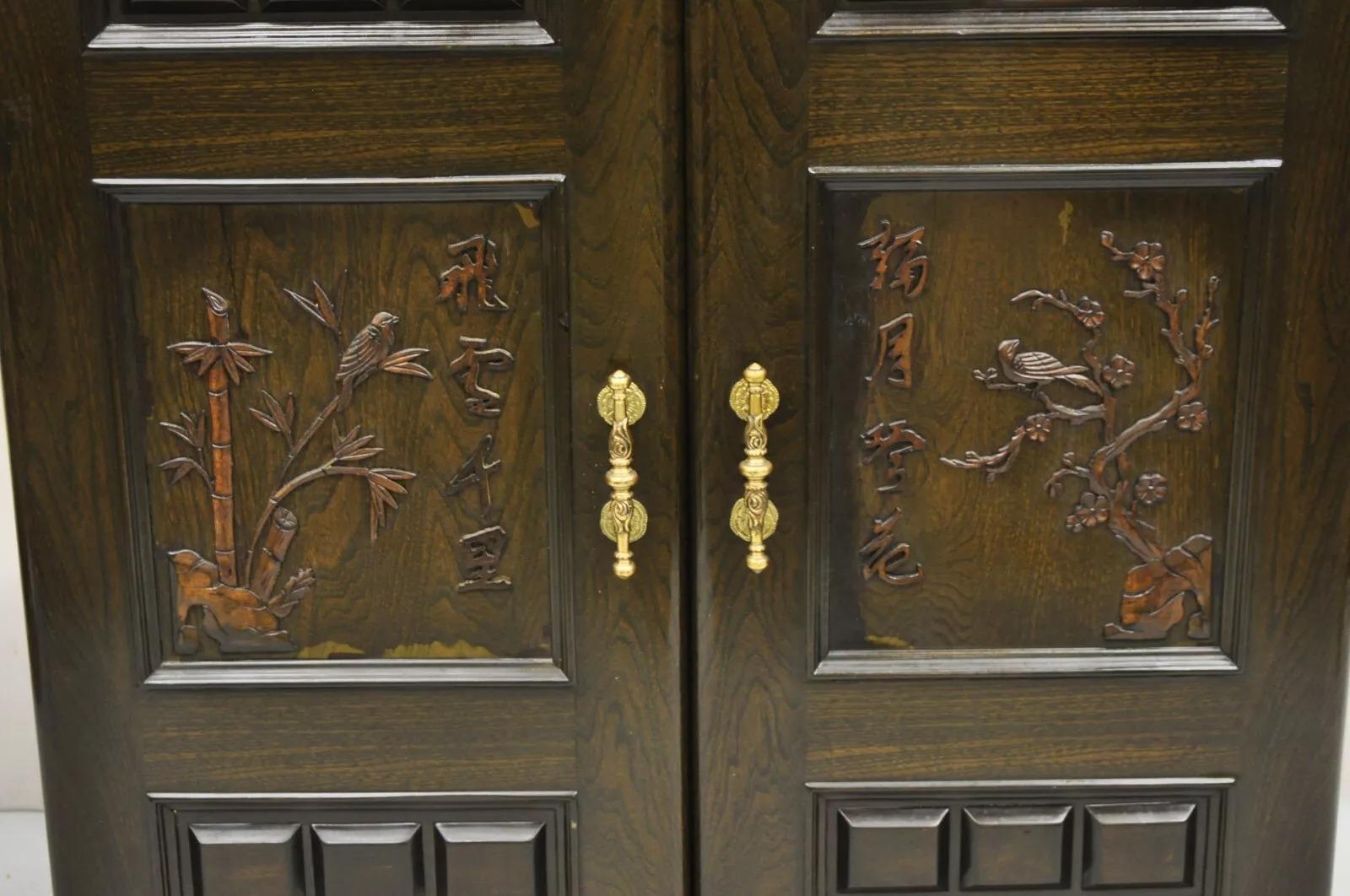 Vintage Korean Carved Wood Marble Top Asian Chinese Liquor Cabinet Dry Bar Bon état - En vente à Philadelphia, PA