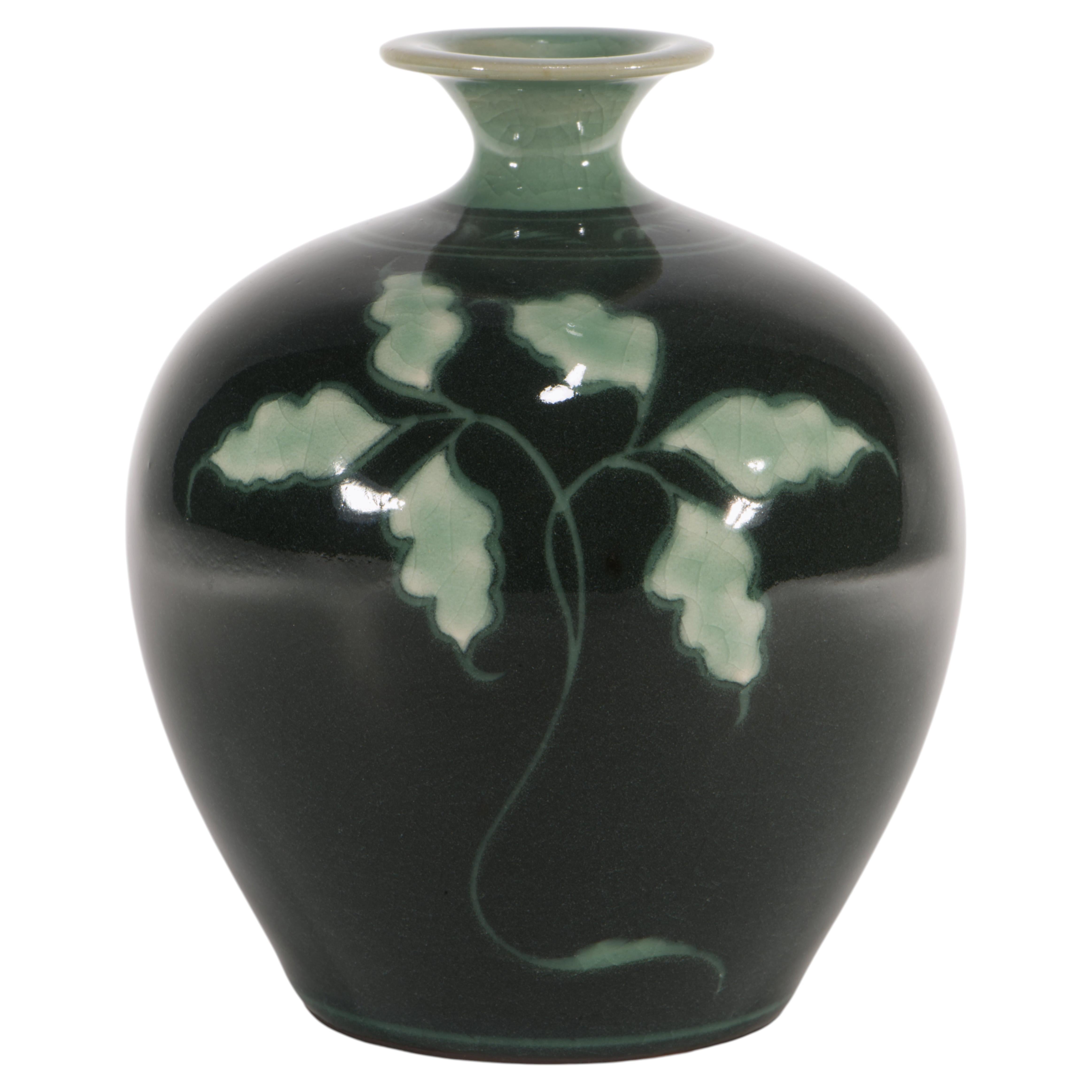 Vintage Korean Celadon Green Maebyeong Bud Vase, Crackled Glaze