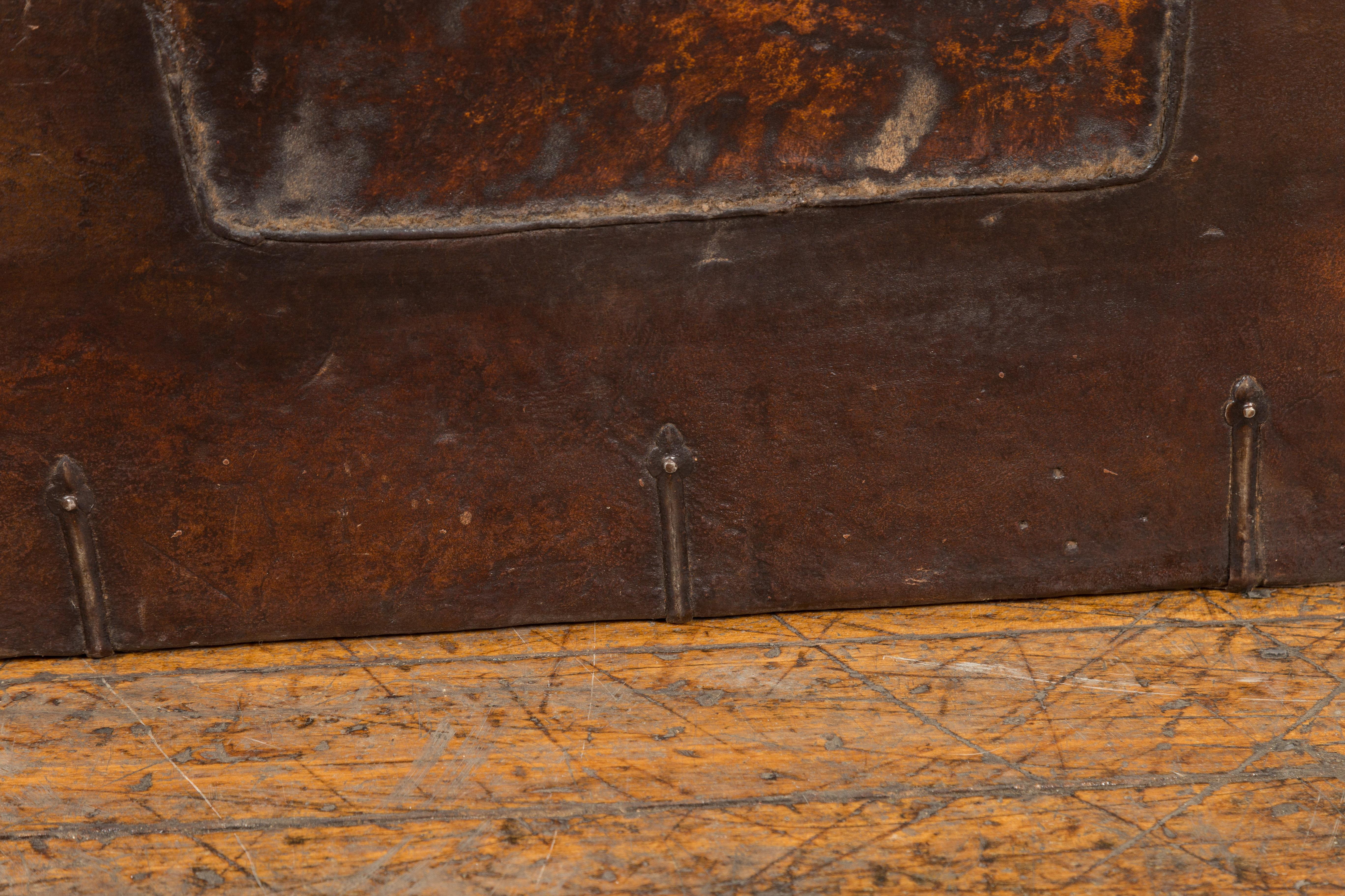 Vintage Korean Dark Brown Distressed Leather Blanket Chest with Iron Hardware For Sale 4