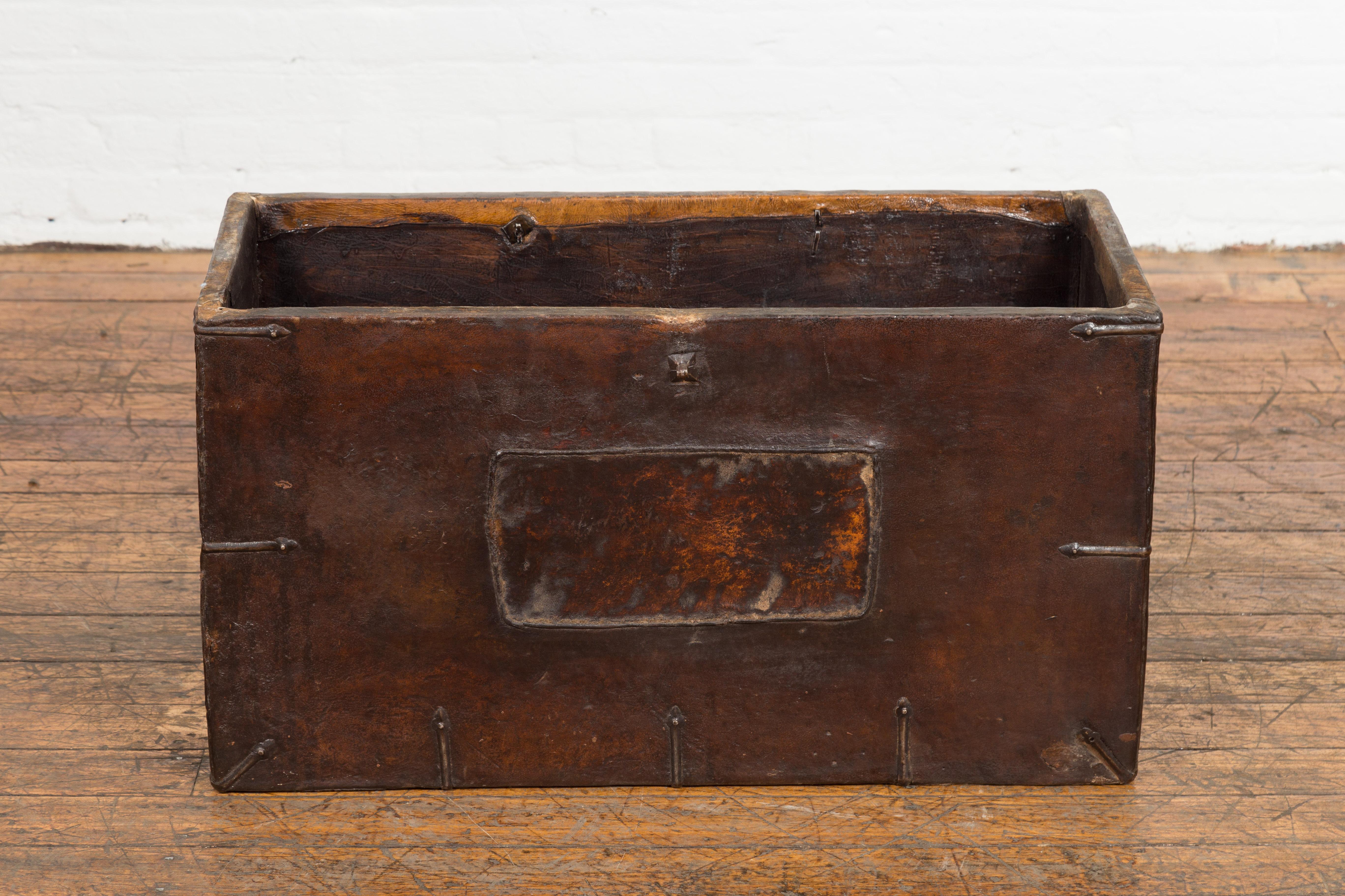 Vintage Korean Dark Brown Distressed Leather Blanket Chest with Iron Hardware For Sale 5