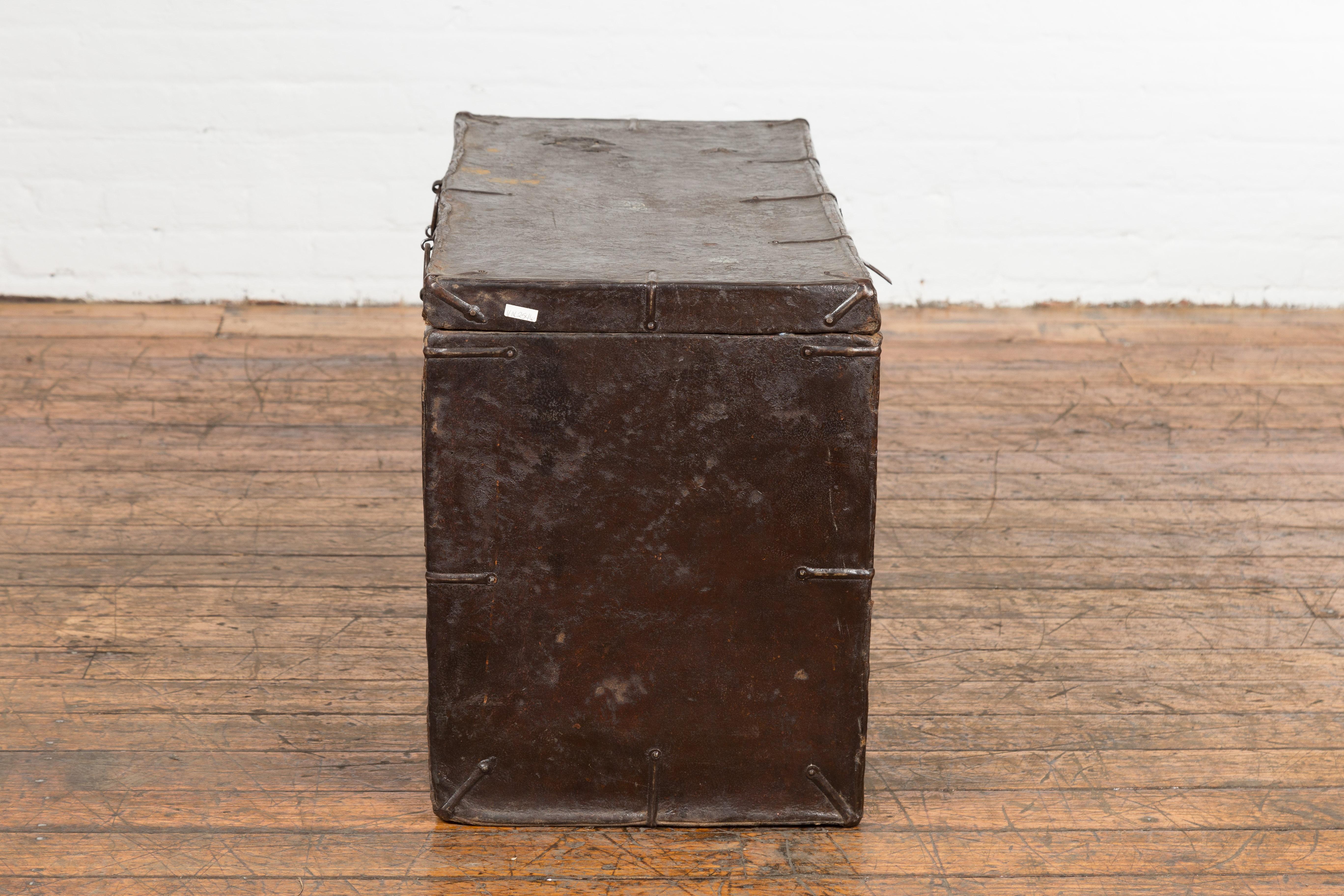 Vintage Korean Dark Brown Distressed Leather Blanket Chest with Iron Hardware 8