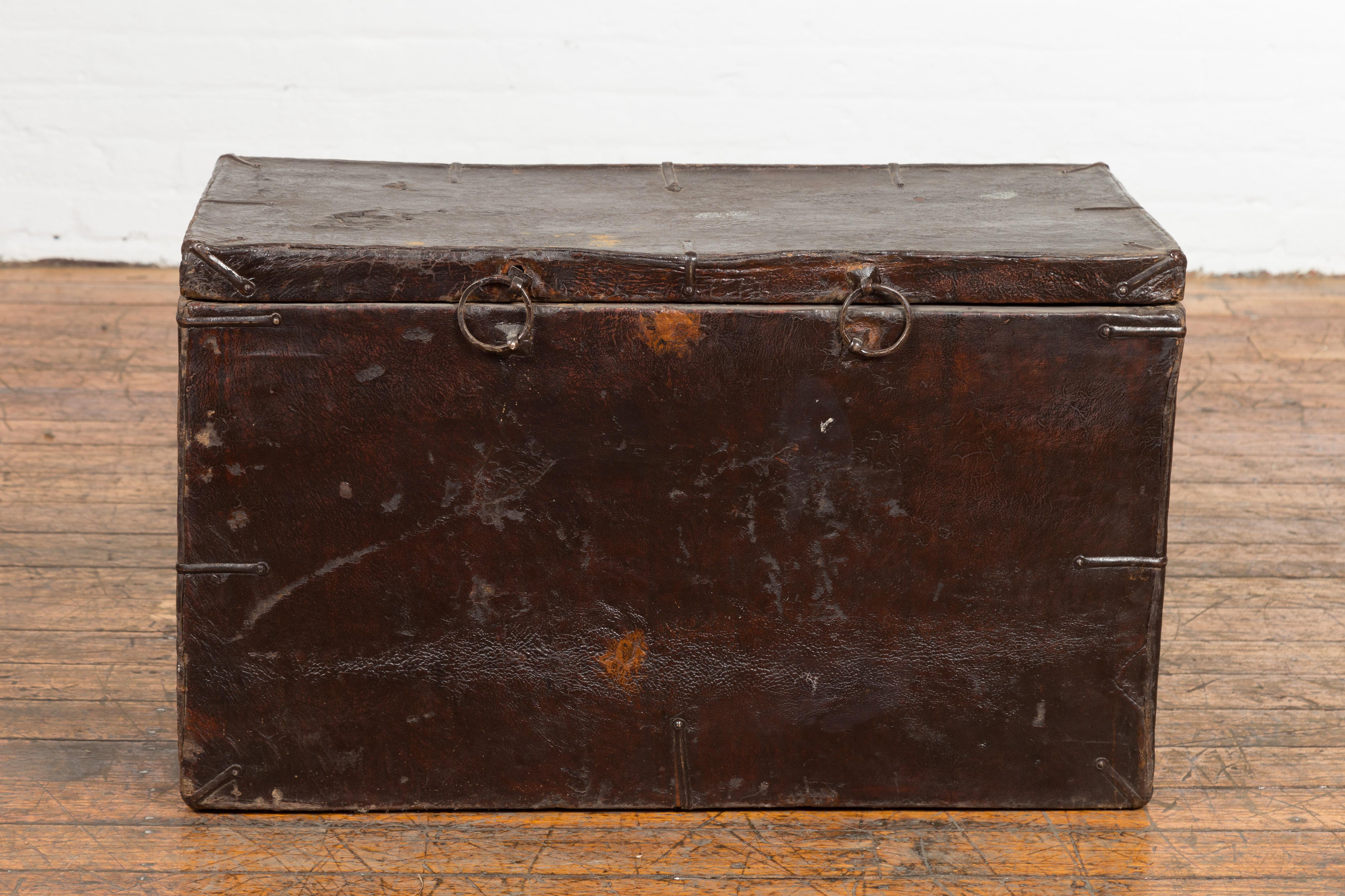 Vintage Korean Dark Brown Distressed Leather Blanket Chest with Iron Hardware For Sale 9