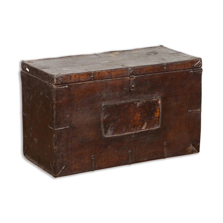 Vintage Korean Dark Brown Distressed Leather Blanket Chest with Iron  Hardware For Sale at 1stDibs