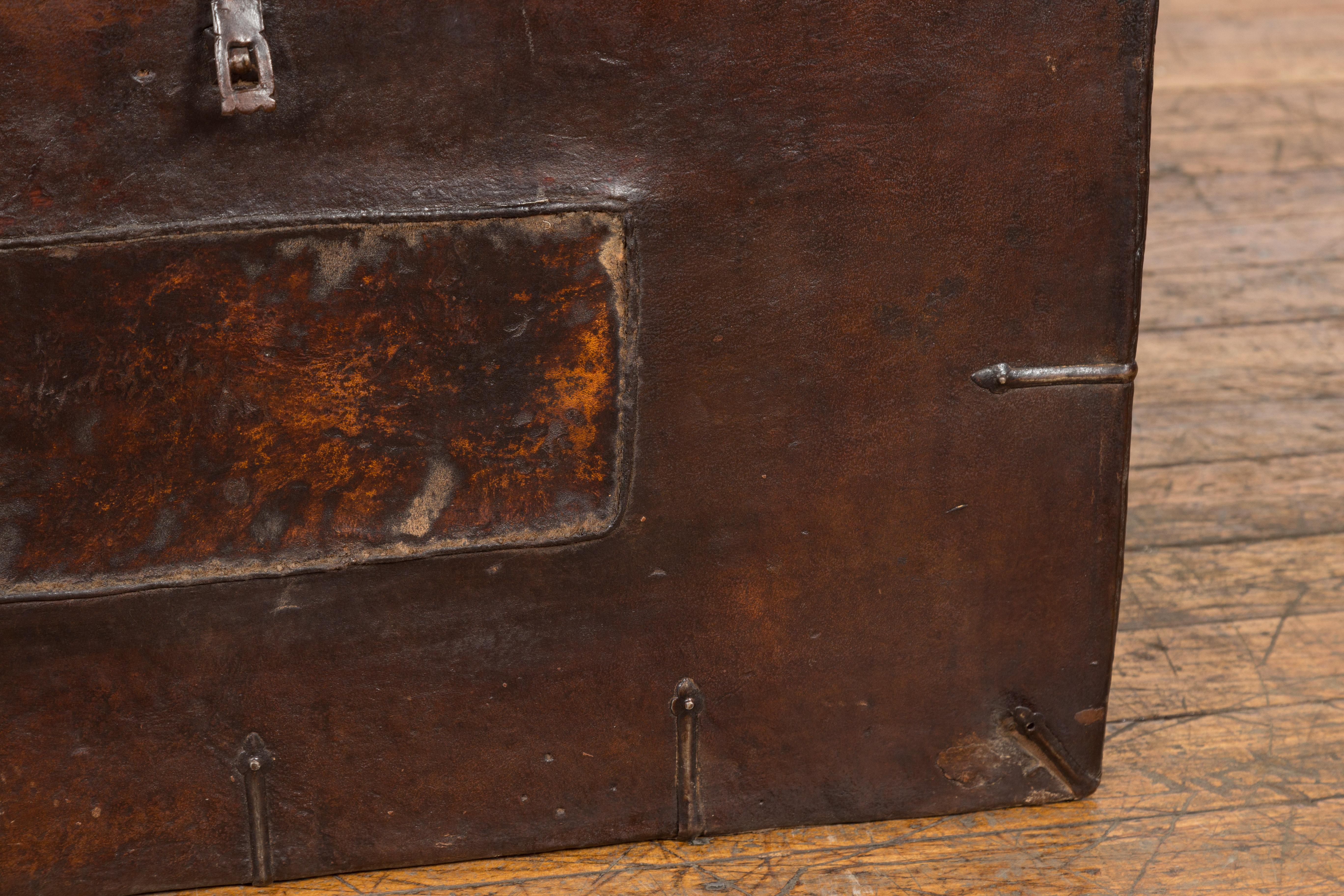 Vintage Korean Dark Brown Distressed Leather Blanket Chest with Iron Hardware For Sale 2