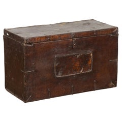 Antique Korean Dark Brown Distressed Leather Blanket Chest with Iron Hardware