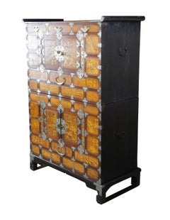 Vintage Korean Elm Brass Bound Bandaji Tansu Scholars Chest Wedding Cabinet