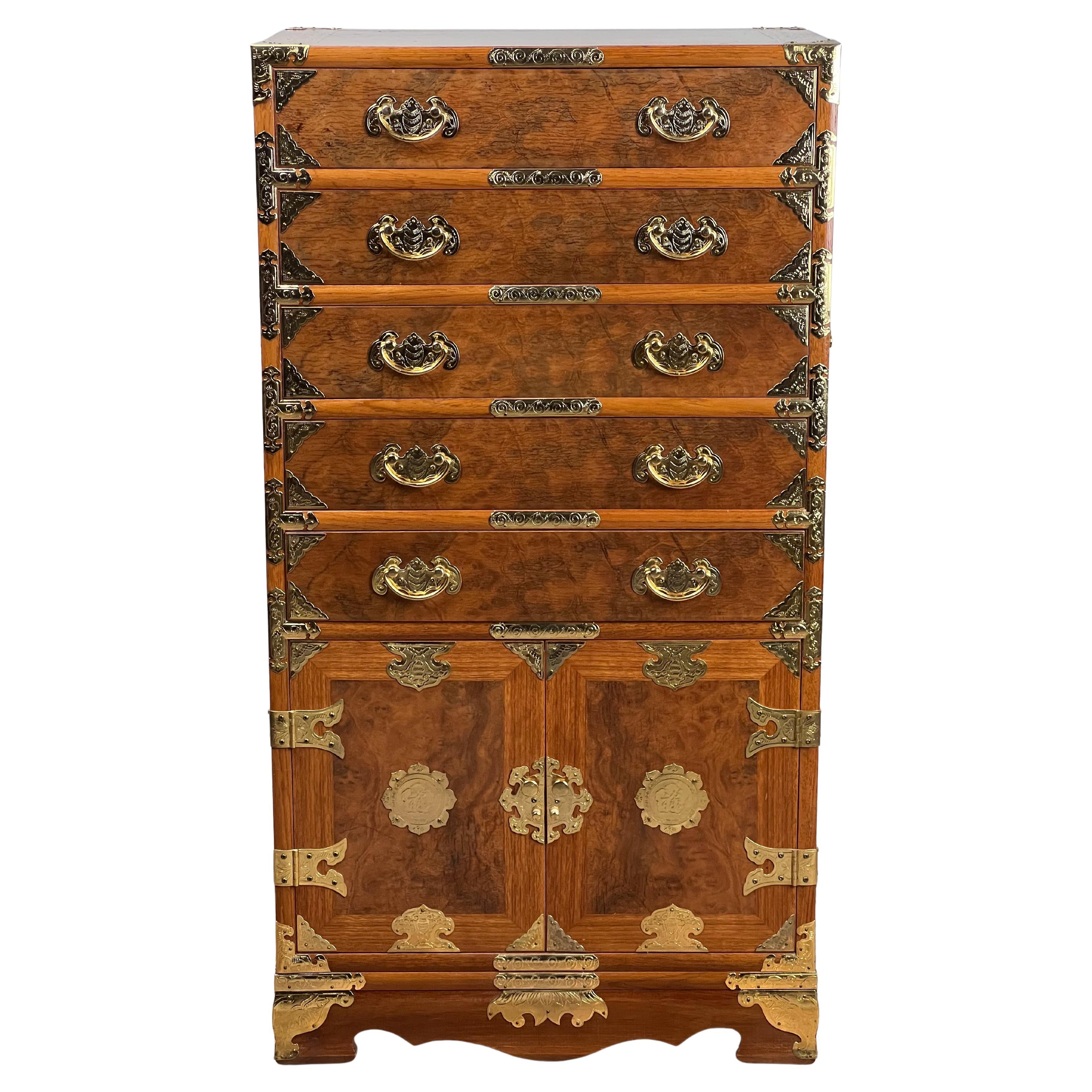 Vintage Korean Elm Burl Brass Bound Bandaji Scholars Chest For Sale