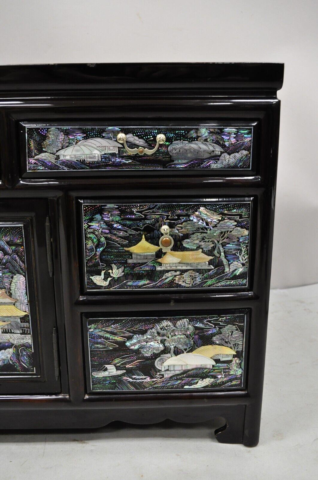 Vintage Korean Figural Mother of Pearl Inlay Black Lacquer Low Cabinet 2