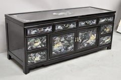 Vintage Korean Figural Mother of Pearl Inlay Black Lacquer Low Cabinet